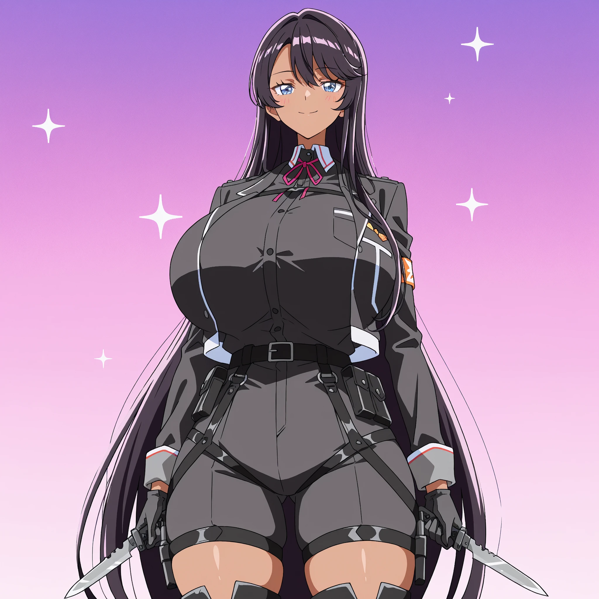 ultra-detailed, Explicit, Beautiful body, Beautiful Nose, Beautiful character design, perfect eyes, perfect face, ultra highres, 4K, beautiful legs, perfect legs, Nice hands, Perfect hand, Masterpiece, Best Quality, Highly detailed, illustration, absurdres, perfect anatomy, street fighter, doll suit, shadaloo doll, dollsuit, expressionless, blank eyes, looking at viewer, red gloves, emotionless, black latex, corrution, mind control, female combatant, full body, hypnotized, unhappy trance, full body suit, ribbed bodysuit, both arms at side, obey, perfect female body, extremely glossy latex, hypnosis, hypnoLora, empty eyes, Mind control device, poses, submissive_pose, Slave, hat, necktie, stand up straight, standing, standing at attention, hat, necktie, belt, latex, ribbed bodysuit, thighhighs, garter belt, Fighting Stance, extending the right arm from the shoulder into the air with a straightened hand, military, thigh boots, 1girl, hair ornaments, brown hair, long hair, purple eyes, Maria Owens, SD Gundam G ジェネレーション