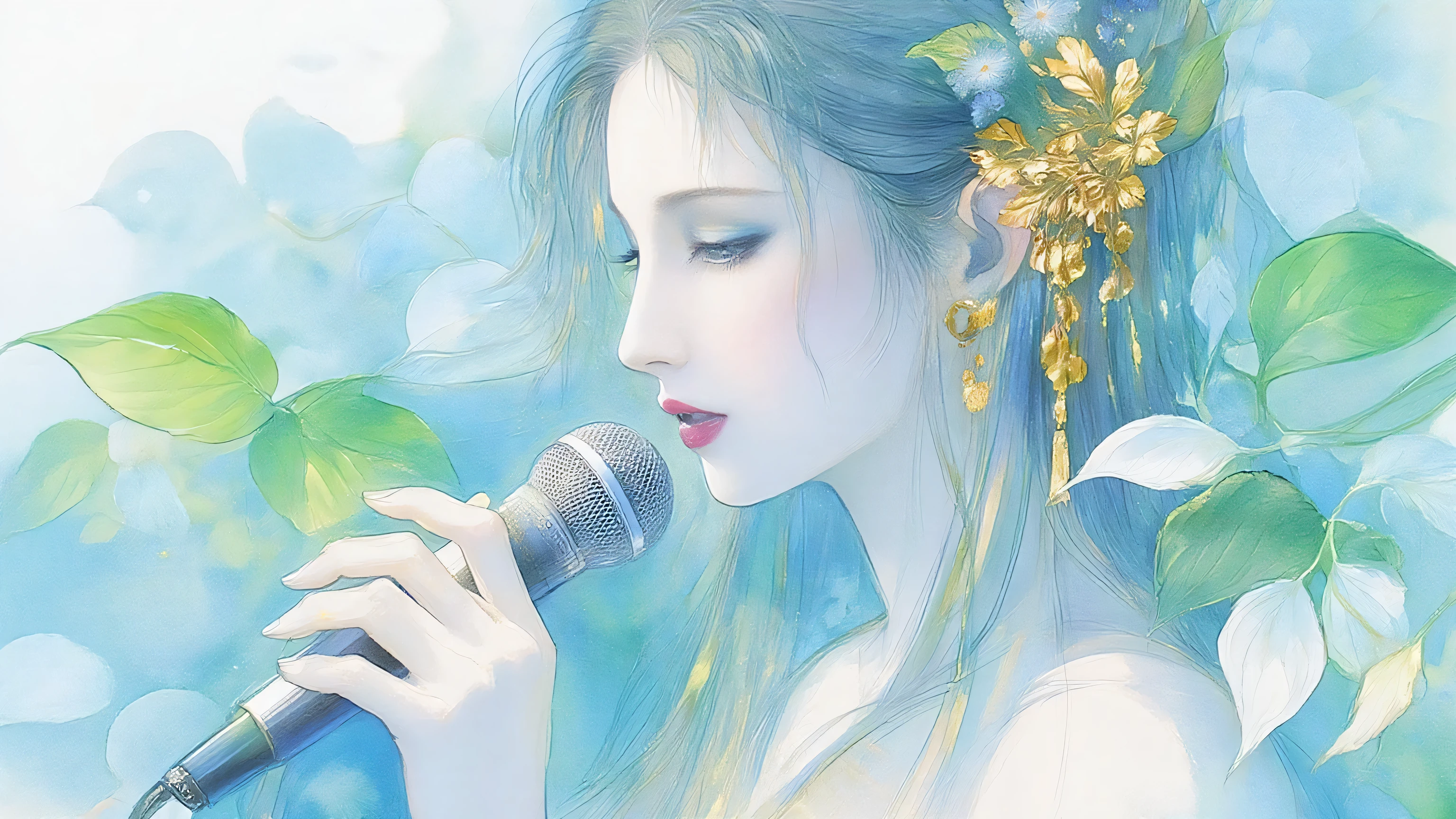 A woman singing into a microphone.work. A woman wearing a golden natural motif accessory、 flowing , digital art with quiet and mystical scenes。they look like waves and fog、gracefully on translucent green leaves I'm leaning back. the leaves mix with delicate white petals、to the beautifully vivid and vividly drawn. the overall color is soft、Calming, Blue and white shades dominate, Inspires peace and serenity. but、The lines in the painting are extremely delicate、shine mysteriously.the woman's posture and gentle flow of leaves、suggest movement and grace, creating a harmonious, dreamy atmosphere.The colors and fine lines、shines amazingly. add elegance and serenity. 
