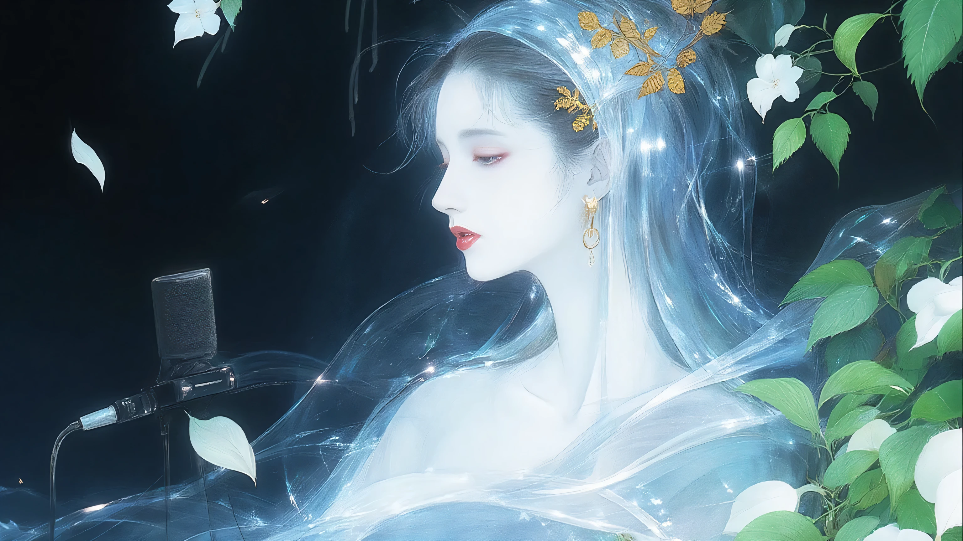 A woman singing into a microphone.work. A woman wearing a golden natural motif accessory、 flowing , digital art with quiet and mystical scenes。they look like waves and fog、gracefully on translucent green leaves I'm leaning back. the leaves mix with delicate white petals、to the beautifully vivid and vividly drawn. the overall color is soft、Calming, Blue and white shades dominate, Inspires peace and serenity. but、The lines in the painting are extremely delicate、shine mysteriously.the woman's posture and gentle flow of leaves、suggest movement and grace, creating a harmonious, dreamy atmosphere.The colors and fine lines、shines amazingly. add elegance and serenity.