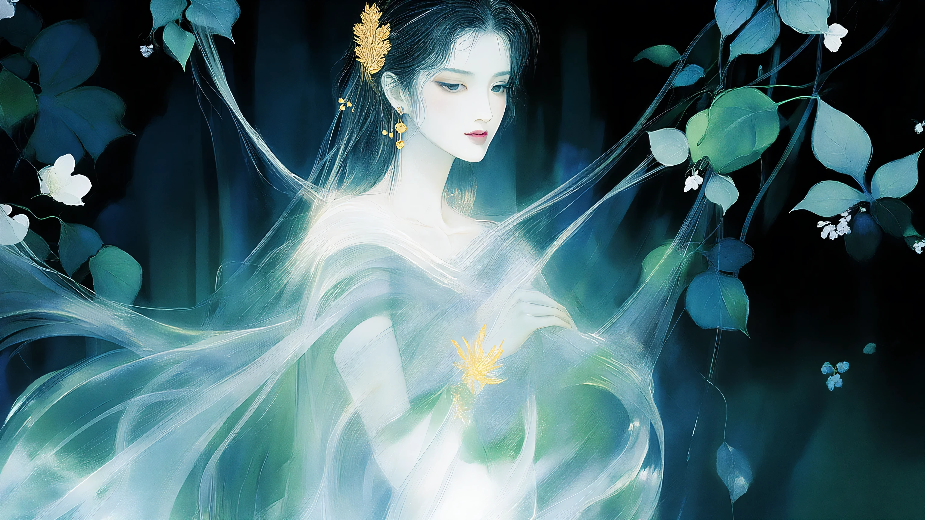 A woman singing into a microphone.work. A woman wearing a golden natural motif accessory、 flowing , digital art with quiet and mystical scenes。they look like waves and fog、gracefully on translucent green leaves I'm leaning back. the leaves mix with delicate white petals、to the beautifully vivid and vividly drawn. the overall color is soft、Calming, Blue and white shades dominate, Inspires peace and serenity. but、The lines in the painting are extremely delicate、shine mysteriously.the woman's posture and gentle flow of leaves、suggest movement and grace, creating a harmonious, dreamy atmosphere.The colors and fine lines、shines amazingly. add elegance and serenity. 