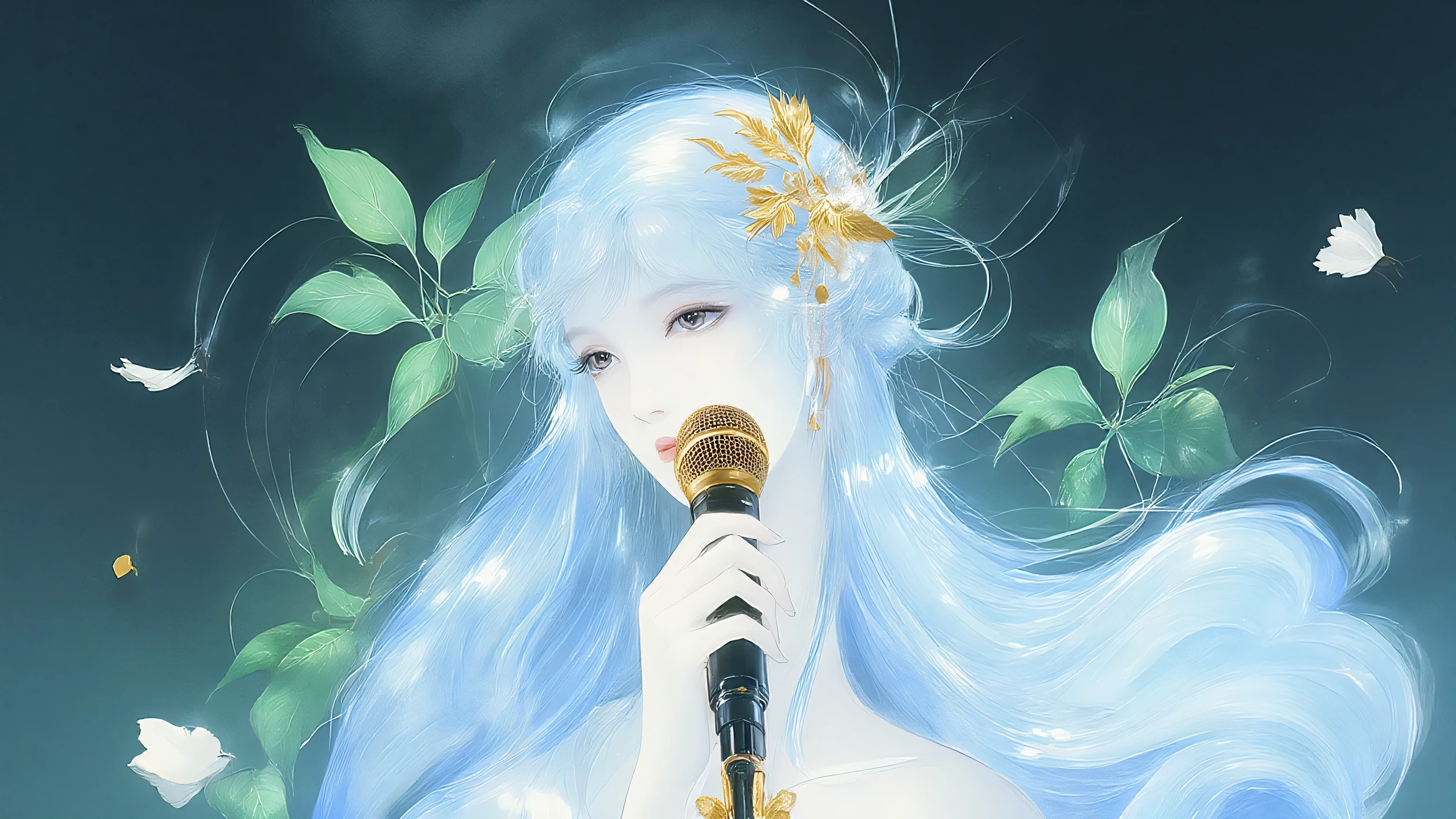 A woman singing into a microphone.work. A woman wearing a golden natural motif accessory、 flowing , digital art with quiet and mystical scenes。they look like waves and fog、gracefully on translucent green leaves I'm leaning back. the leaves mix with delicate white petals、to the beautifully vivid and vividly drawn. the overall color is soft、Calming, Blue and white shades dominate, Inspires peace and serenity. but、The lines in the painting are extremely delicate、shine mysteriously.the woman's posture and gentle flow of leaves、suggest movement and grace, creating a harmonious, dreamy atmosphere.The colors and fine lines、shines amazingly. add elegance and serenity.
