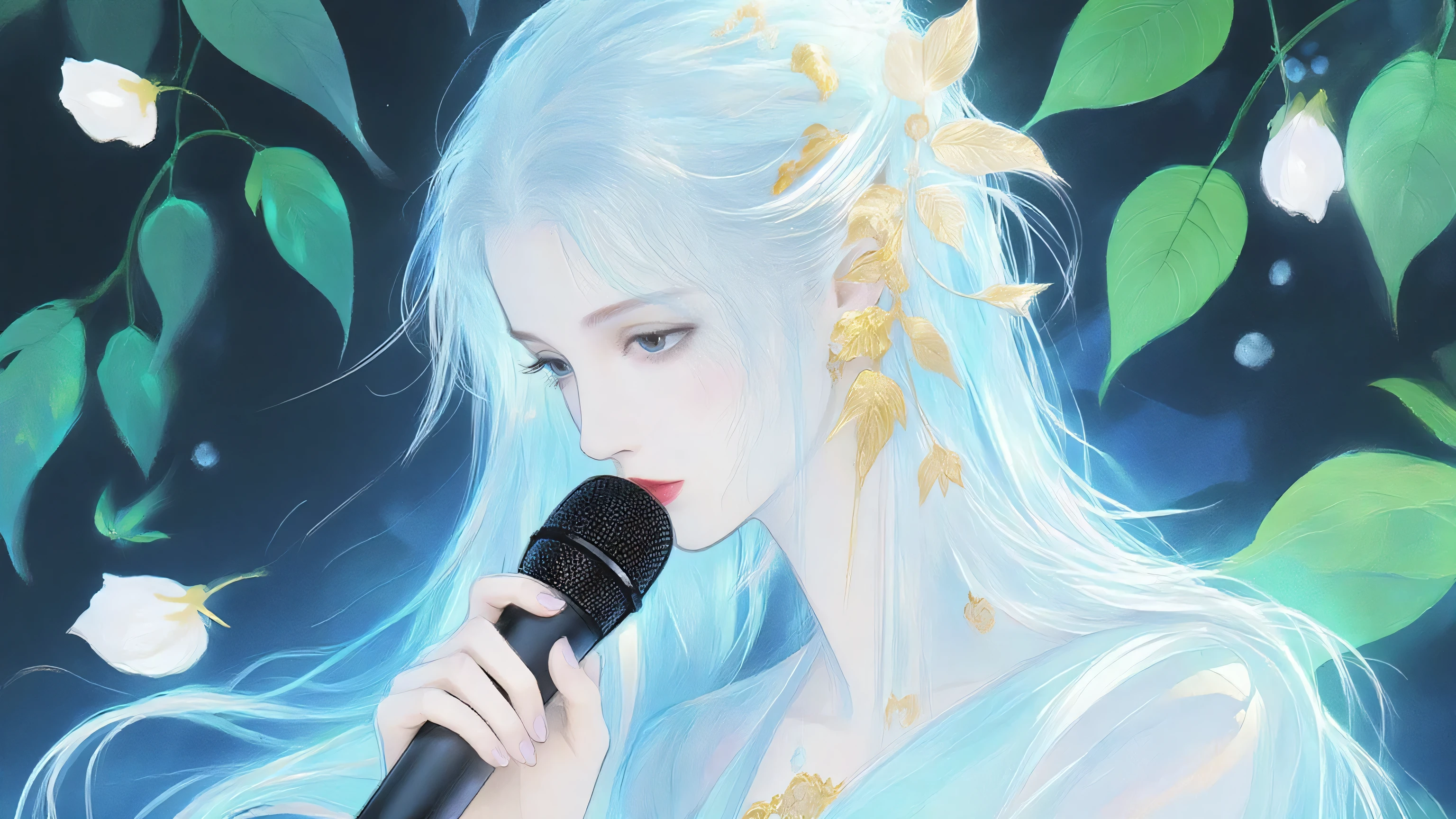 A woman singing into a microphone.work. A woman wearing a golden natural motif accessory、 flowing , digital art with quiet and mystical scenes。they look like waves and fog、gracefully on translucent green leaves I'm leaning back. the leaves mix with delicate white petals、to the beautifully vivid and vividly drawn. the overall color is soft、Calming, Blue and white shades dominate, Inspires peace and serenity. but、The lines in the painting are extremely delicate、shine mysteriously.the woman's posture and gentle flow of leaves、suggest movement and grace, creating a harmonious, dreamy atmosphere.The colors and fine lines、shines amazingly. add elegance and serenity.