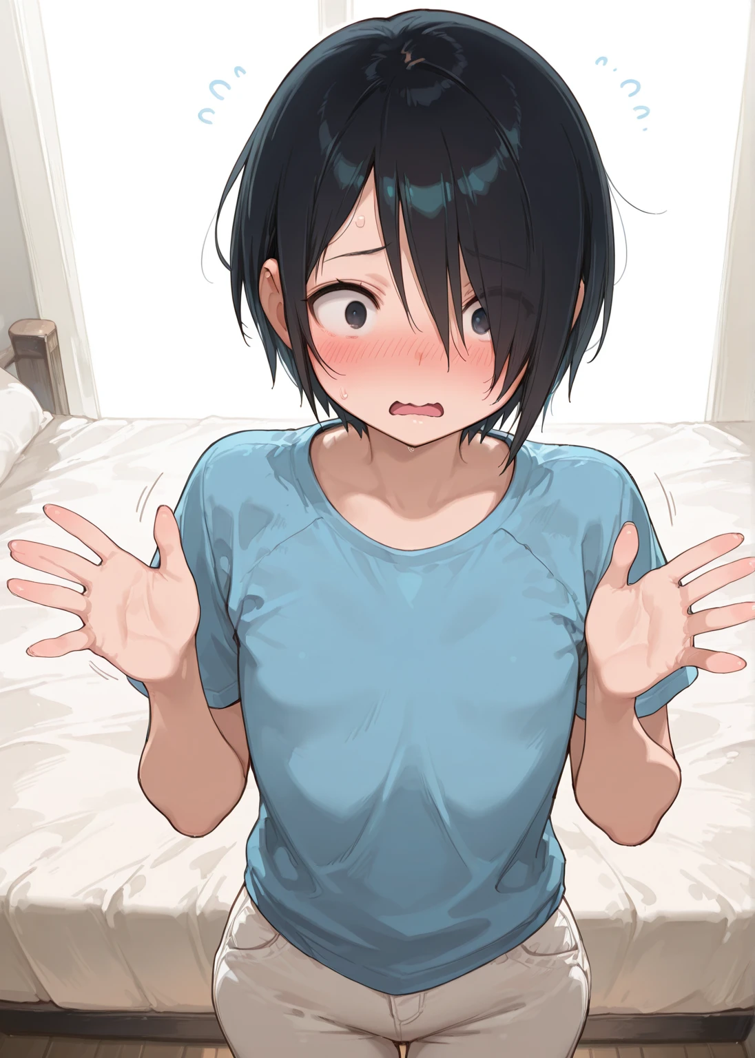 1girl, solo, one eye closed, blue eyes, flat chest, short hair, black hair, ((black t-shirt)), black shorts, (seiza), upper body, sitting on bed, bedroom, window, morning, yawning, sleepy, ((masterpiece, illustration, best quality)) 