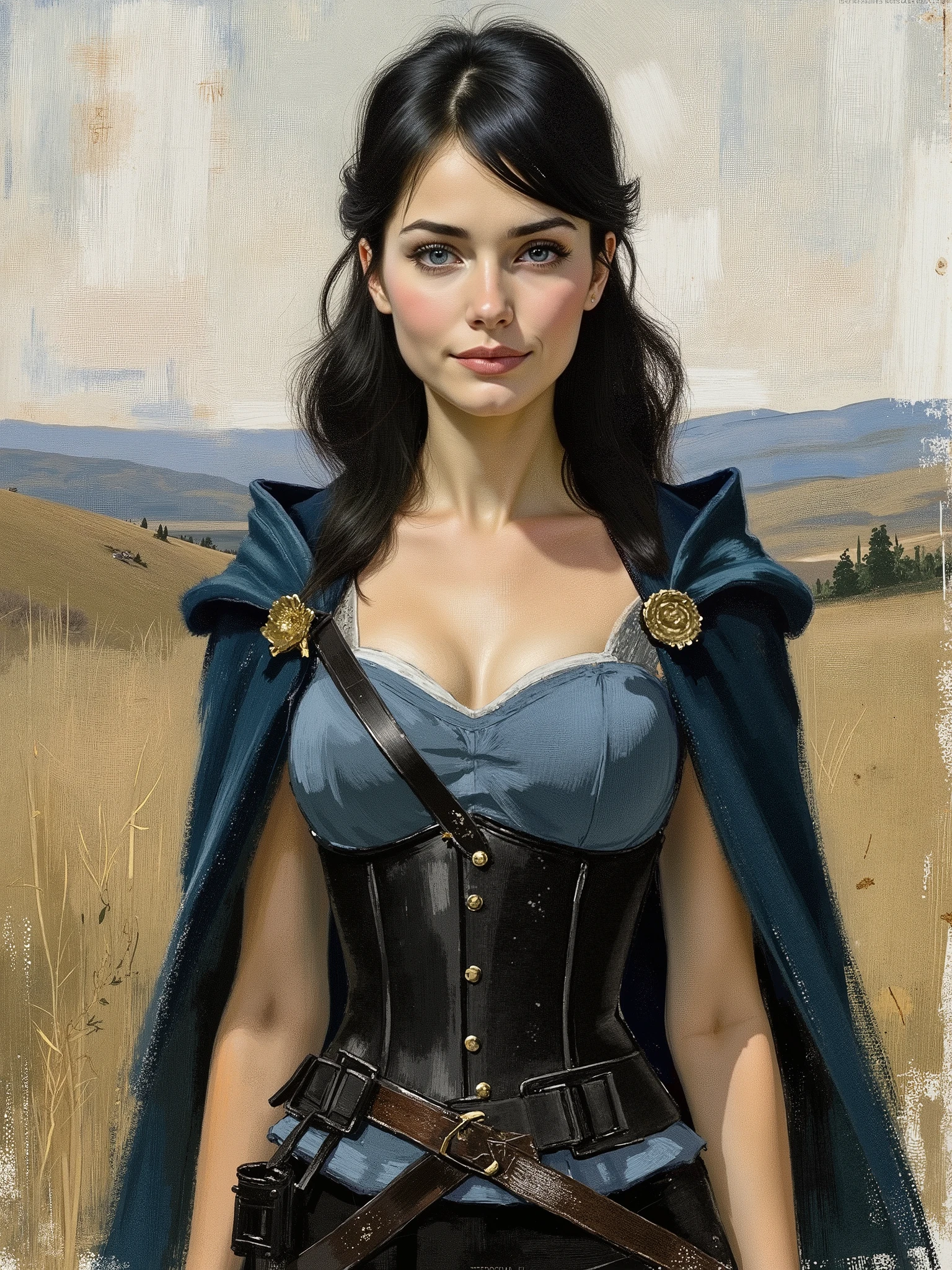 sketch painting, marinette Dopanchan, IPbN46, traditional media, christmas parody, fine art, 1940s \(style\), A very beautiful and cute 22 year old woman with a slight smile, (((western eyes, sky blue eyes:1.5))), (((thin lips, pink lips))), (((long hair, shiny hair))), sharp focus on the face, (((Dark blue medieval steampunk style velvet cape))), (((Sapphire blue medieval steampunk style sleeveless t-shirt))), (((Black medieval steampunk style leather warrior pants))), (((Black medieval steampunk style corset))), (((full body view, standing on the grass))), a treeless valley in the background, blurred background, cinematic lighting, soft depth of field, (((Masterpiece/high resolution/Best Quality/top quality/high quality/UHD/16k quality))), sharp focus, no blur, film grain, bokeh.