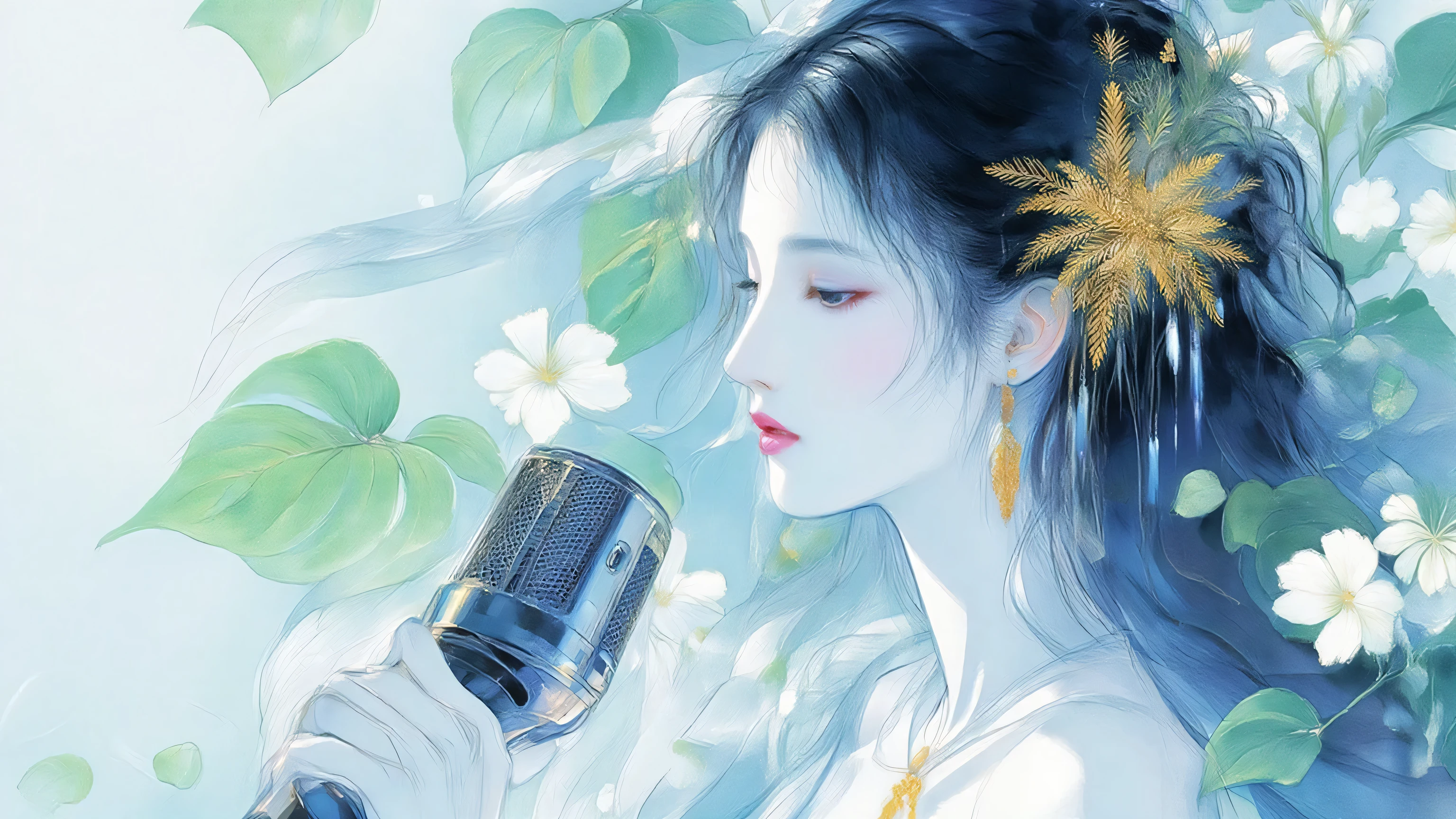 A woman singing into a microphone.work. A woman wearing a golden natural motif accessory、 flowing , digital art with quiet and mystical scenes。they look like waves and fog、gracefully on translucent green leaves I'm leaning back. the leaves mix with delicate white petals、to the beautifully vivid and vividly drawn. the overall color is soft、Calming, Blue and white shades dominate, Inspires peace and serenity. but、The lines in the painting are extremely delicate、shine mysteriously.the woman's posture and gentle flow of leaves、suggest movement and grace, creating a harmonious, dreamy atmosphere.The colors and fine lines、shines amazingly. add elegance and serenity.
