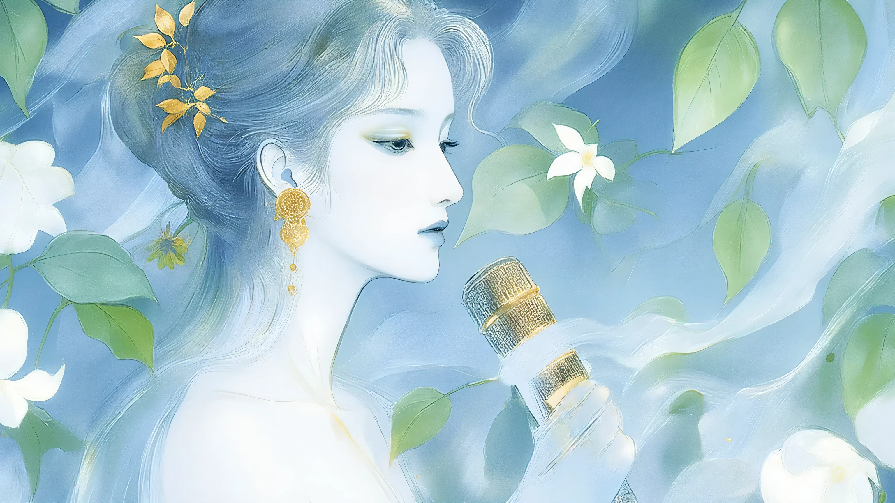A woman singing into a microphone.work. A woman wearing a golden natural motif accessory、 flowing , digital art with quiet and mystical scenes。they look like waves and fog、gracefully on translucent green leaves I'm leaning back. the leaves mix with delicate white petals、to the beautifully vivid and vividly drawn. the overall color is soft、Calming, Blue and white shades dominate, Inspires peace and serenity. but、The lines in the painting are extremely delicate、shine mysteriously.the woman's posture and gentle flow of leaves、suggest movement and grace, creating a harmonious, dreamy atmosphere.The colors and fine lines、shines amazingly. add elegance and serenity.