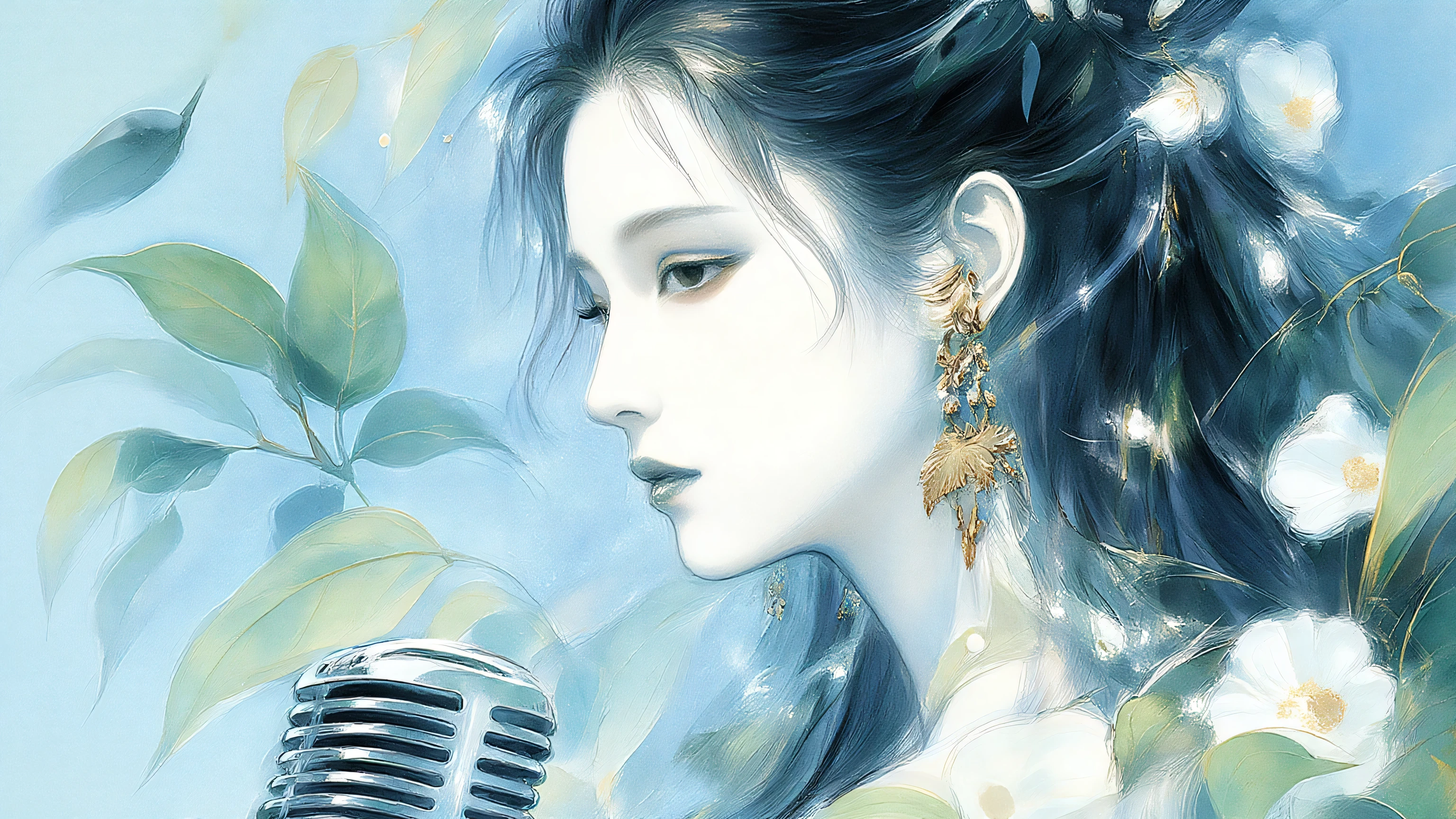 A woman singing into a microphone.work. A woman wearing a golden natural motif accessory、 flowing , digital art with quiet and mystical scenes。they look like waves and fog、gracefully on translucent green leaves I'm leaning back. the leaves mix with delicate white petals、to the beautifully vivid and vividly drawn. the overall color is soft、Calming, Blue and white shades dominate, Inspires peace and serenity. but、The lines in the painting are extremely delicate、shine mysteriously.the woman's posture and gentle flow of leaves、suggest movement and grace, creating a harmonious, dreamy atmosphere.The colors and fine lines、shines amazingly. add elegance and serenity.