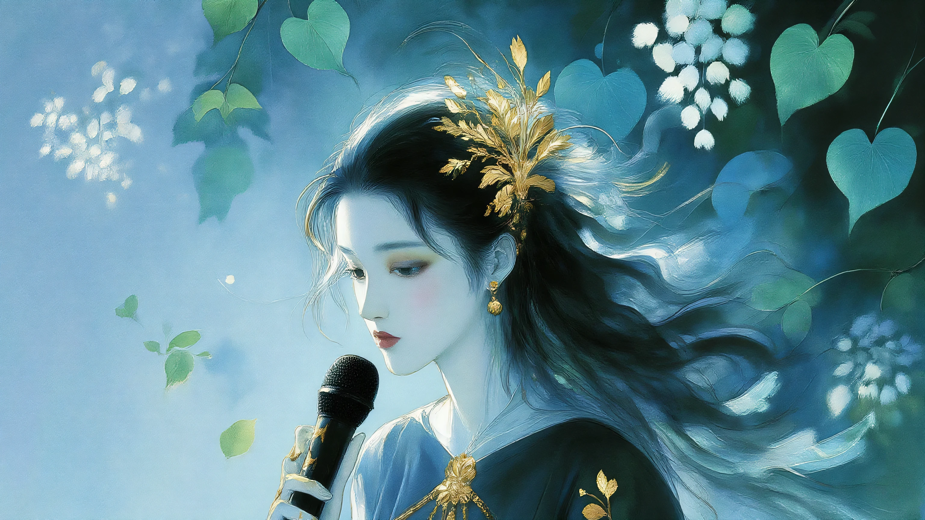 A woman singing into a microphone.work. A woman wearing a golden natural motif accessory、 flowing , digital art with quiet and mystical scenes。they look like waves and fog、gracefully on translucent green leaves I'm leaning back. the leaves mix with delicate white petals、to the beautifully vivid and vividly drawn. the overall color is soft、Calming, Blue and white shades dominate, Inspires peace and serenity. but、The lines in the painting are extremely delicate、shine mysteriously.the woman's posture and gentle flow of leaves、suggest movement and grace, creating a harmonious, dreamy atmosphere.The colors and fine lines、shines amazingly. add elegance and serenity.