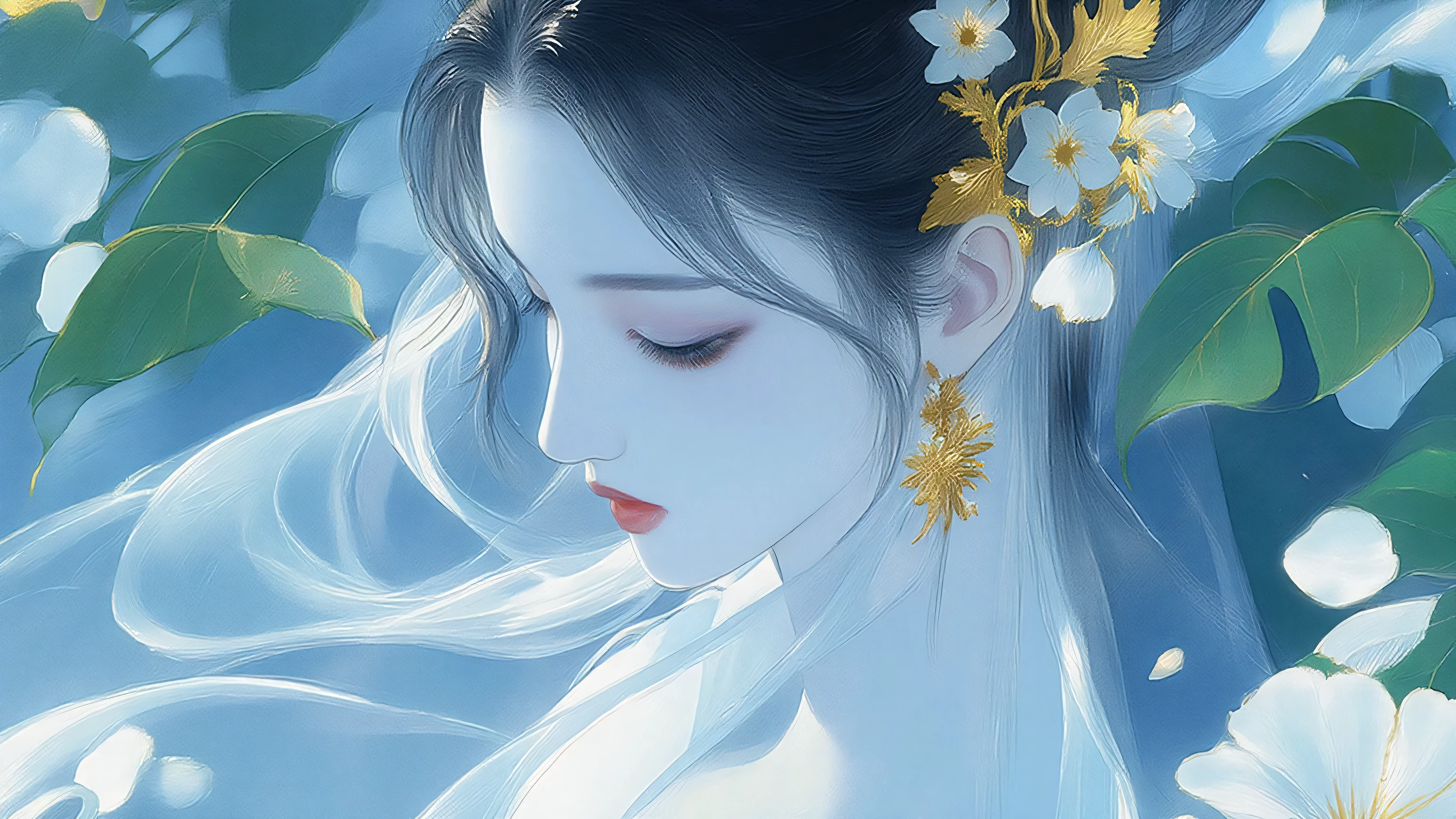 A woman singing into a microphone.work. A woman wearing a golden natural motif accessory、 flowing , digital art with quiet and mystical scenes。they look like waves and fog、gracefully on translucent green leaves I'm leaning back. the leaves mix with delicate white petals、to the beautifully vivid and vividly drawn. the overall color is soft、Calming, Blue and white shades dominate, Inspires peace and serenity. but、The lines in the painting are extremely delicate、shine mysteriously.the woman's posture and gentle flow of leaves、suggest movement and grace, creating a harmonious, dreamy atmosphere.The colors and fine lines、shines amazingly. add elegance and serenity.