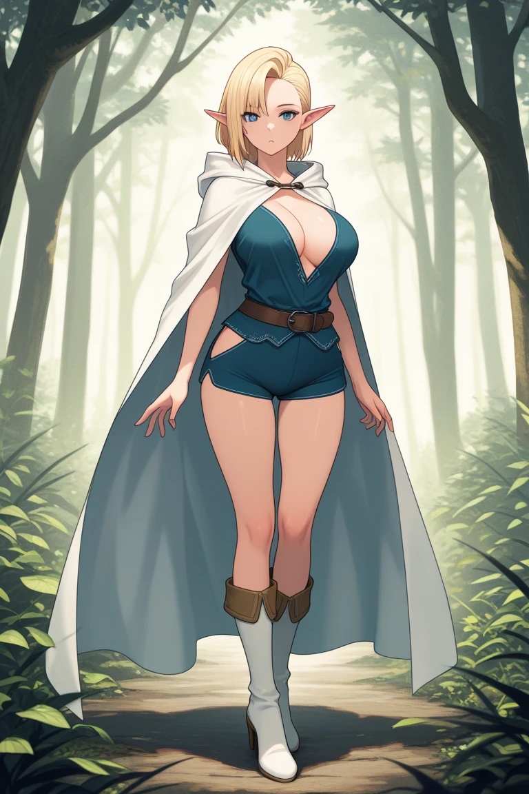 ((1 woman with yellow hair,((medium breasts, bare breasts, erect breasts)),((brown shorts, no blouse, with boots, belt with a glue)),((brown eyes, happy face)),( (standing, facing the viewer)), in a forest with a view of a haunted city, at night)),