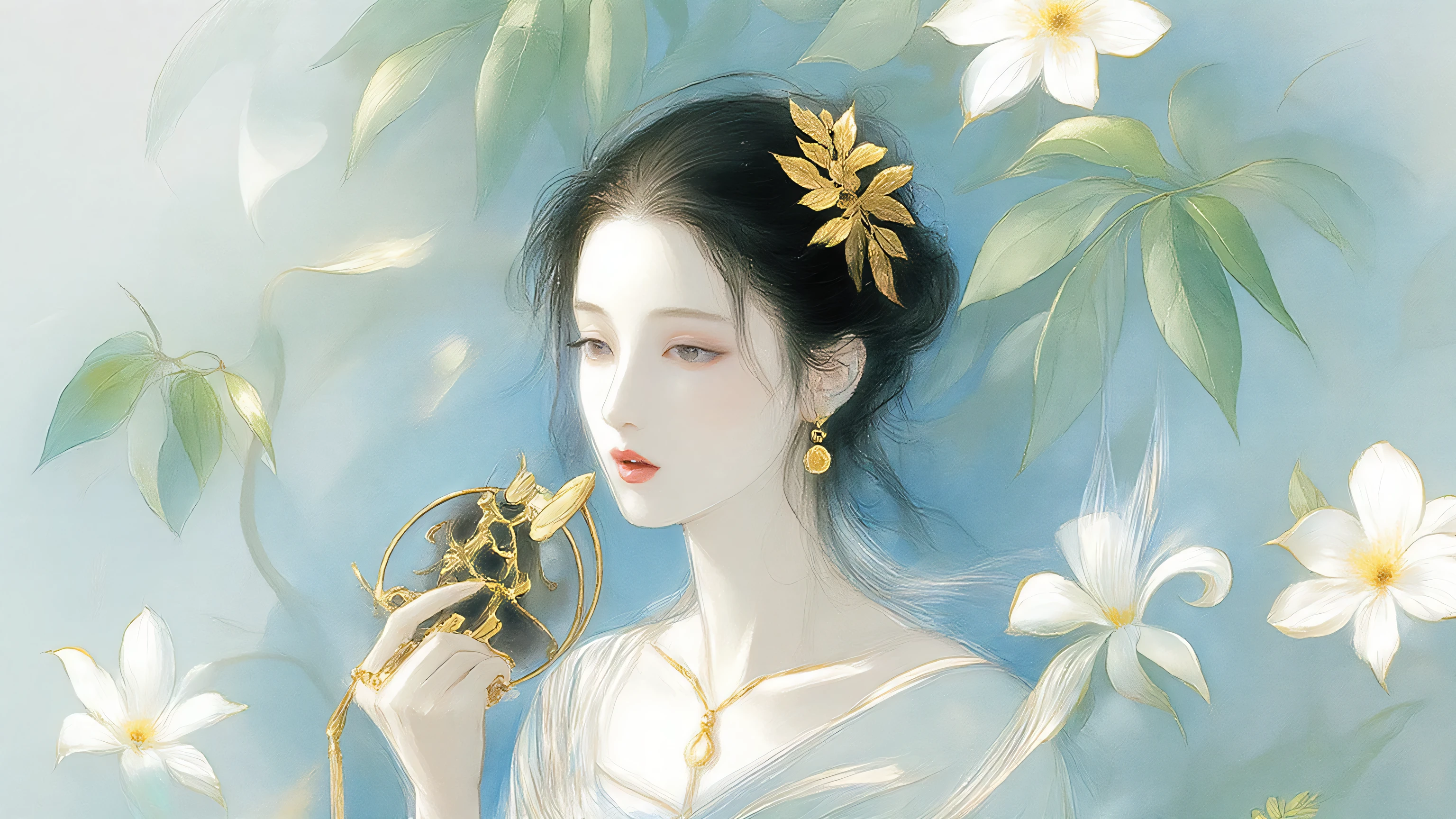 A woman singing into a microphone.work. A woman wearing a golden natural motif accessory、 flowing , digital art with quiet and mystical scenes。they look like waves and fog、gracefully on translucent green leaves I'm leaning back. the leaves mix with delicate white petals、to the beautifully vivid and vividly drawn. the overall color is soft、Calming, Blue and white shades dominate, Inspires peace and serenity. but、The lines in the painting are extremely delicate、shine mysteriously.the woman's posture and gentle flow of leaves、suggest movement and grace, creating a harmonious, dreamy atmosphere.The colors and fine lines、shines amazingly. add elegance and serenity.