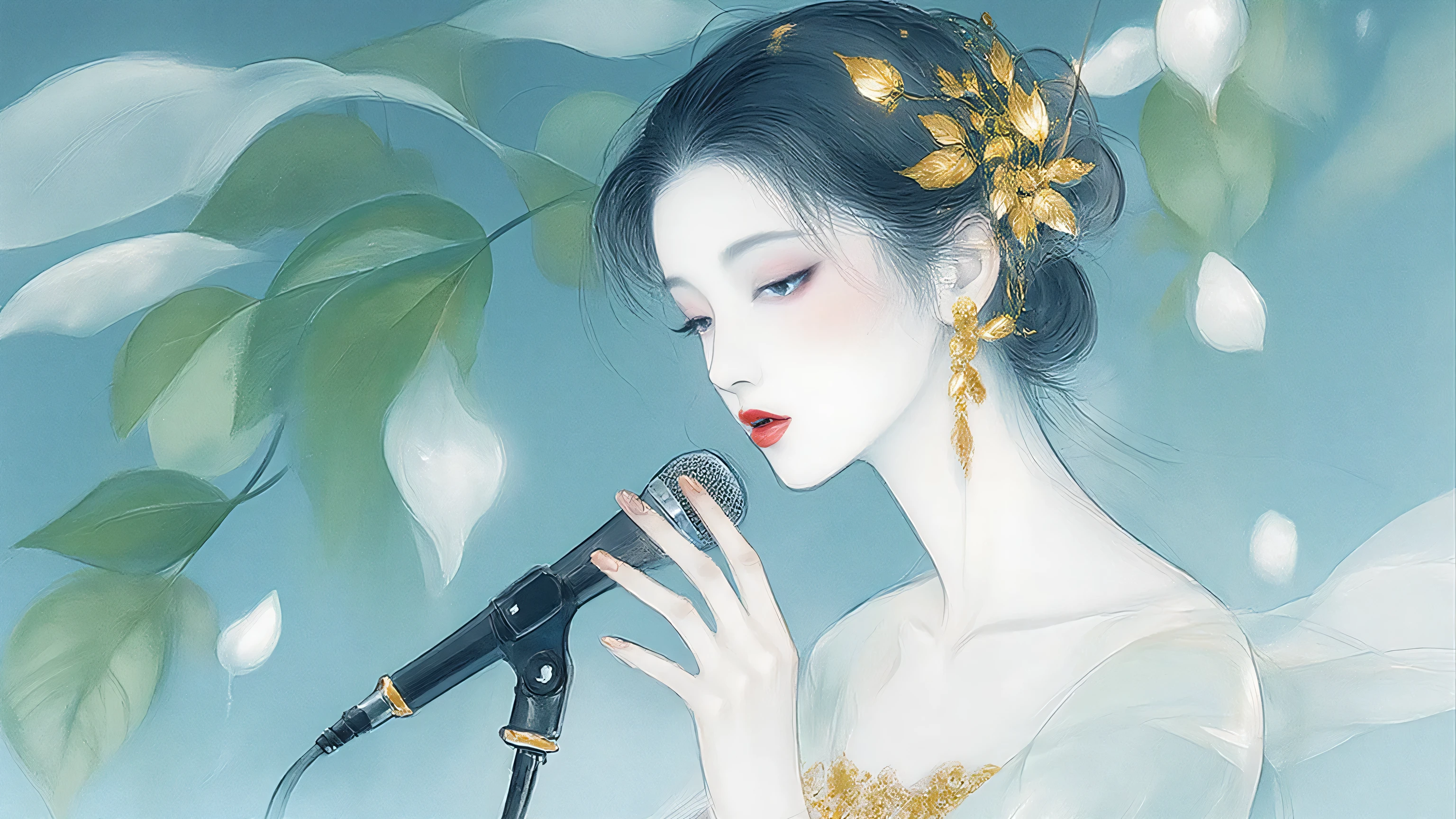 A woman singing into a microphone.work. A woman wearing a golden natural motif accessory、 flowing , digital art with quiet and mystical scenes。they look like waves and fog、gracefully on translucent green leaves I'm leaning back. the leaves mix with delicate white petals、to the beautifully vivid and vividly drawn. the overall color is soft、Calming, Blue and white shades dominate, Inspires peace and serenity. but、The lines in the painting are extremely delicate、shine mysteriously.the woman's posture and gentle flow of leaves、suggest movement and grace, creating a harmonious, dreamy atmosphere.The colors and fine lines、shines amazingly. add elegance and serenity. 