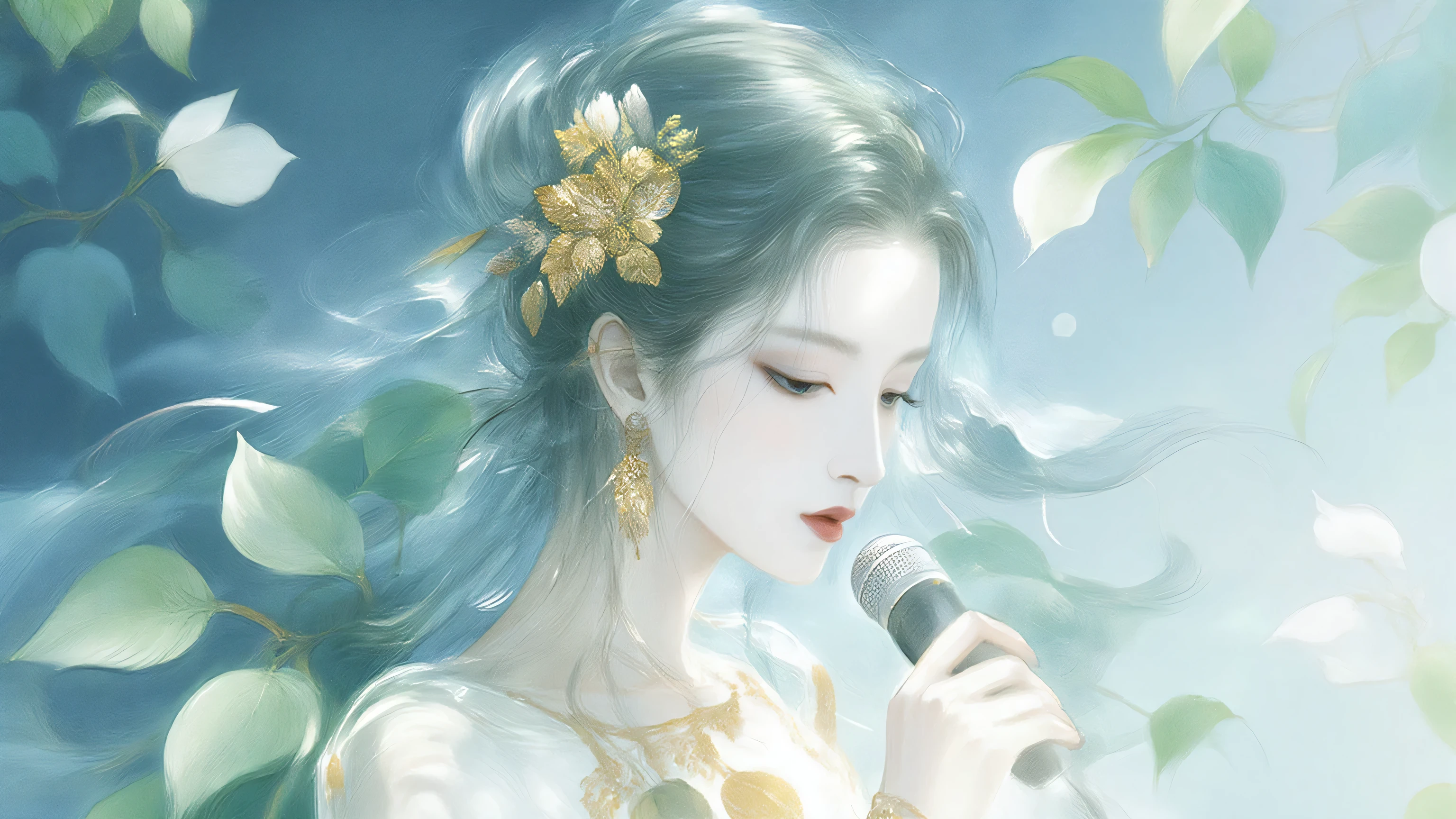 A woman singing into a microphone.work. A woman wearing a golden natural motif accessory、 flowing , digital art with quiet and mystical scenes。they look like waves and fog、gracefully on translucent green leaves I'm leaning back. the leaves mix with delicate white petals、to the beautifully vivid and vividly drawn. the overall color is soft、Calming, Blue and white shades dominate, Inspires peace and serenity. but、The lines in the painting are extremely delicate、shine mysteriously.the woman's posture and gentle flow of leaves、suggest movement and grace, creating a harmonious, dreamy atmosphere.The colors and fine lines、shines amazingly. add elegance and serenity.