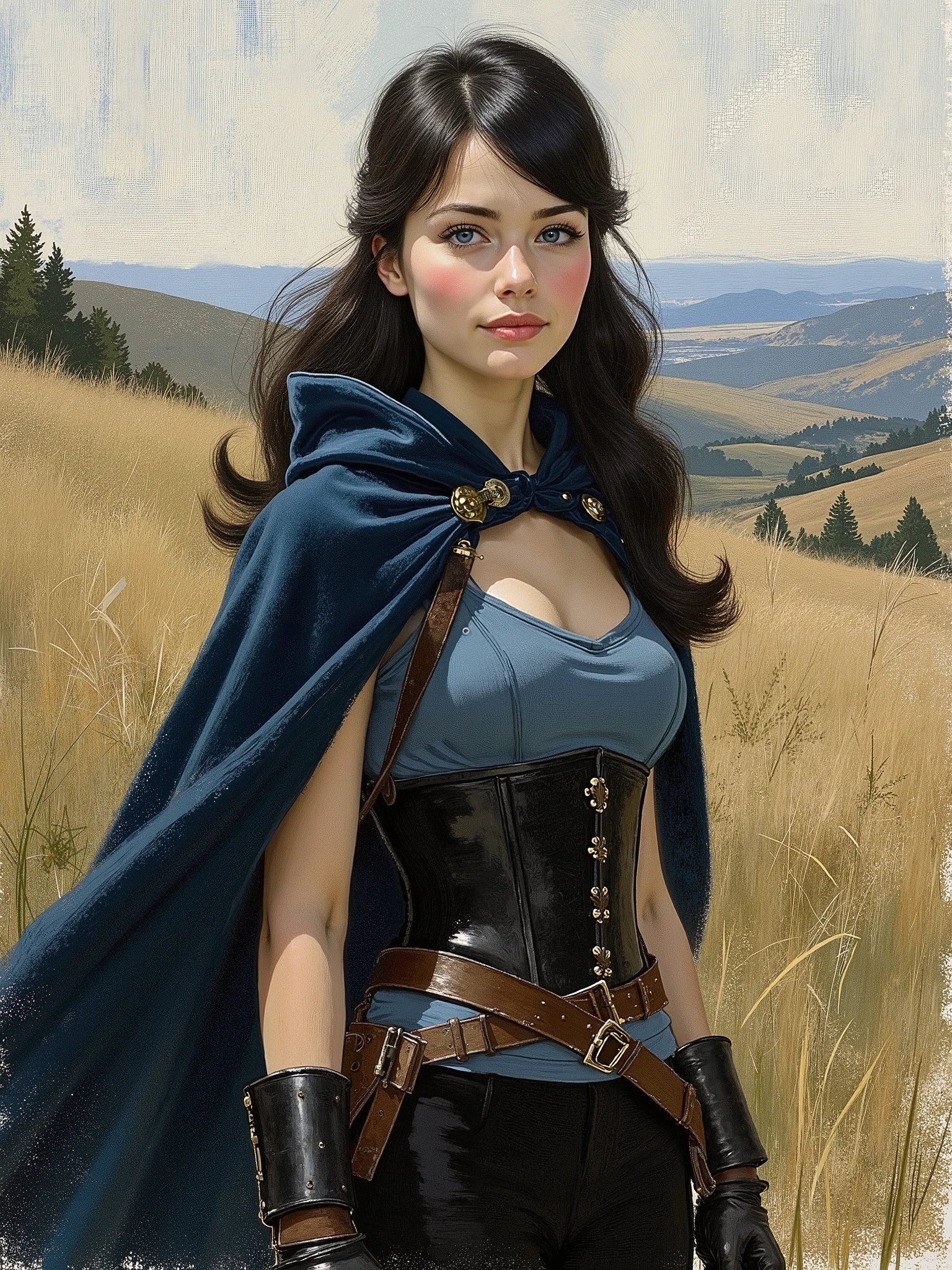 sketch painting, marinette Dopanchan, IPbN46, traditional media, christmas parody, fine art, 1940s \(style\), A very beautiful and cute 22 year old woman with a slight smile, (((western eyes, sky blue eyes:1.5))), (((thin lips, pink lips))), (((long hair, shiny hair))), sharp focus on the face, (((Dark blue medieval steampunk style velvet cape))), (((Sapphire blue medieval steampunk style sleeveless t-shirt))), (((Black medieval steampunk style leather warrior pants))), (((Black medieval steampunk style corset))), (((full body view, standing on the grass))), a treeless valley in the background, blurred background, cinematic lighting, soft depth of field, (((Masterpiece/high resolution/Best Quality/top quality/high quality/UHD/16k quality))), sharp focus, no blur, film grain, bokeh.