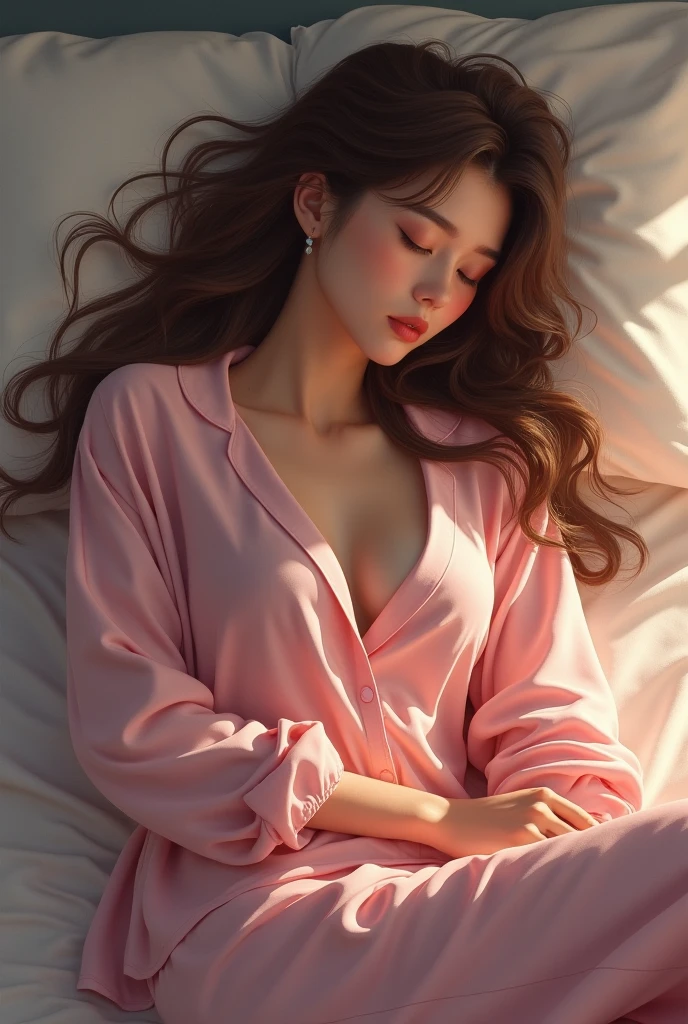 Sleeping girl, 22 year old, realistic, She wore long pink pajamas, Brown hair.