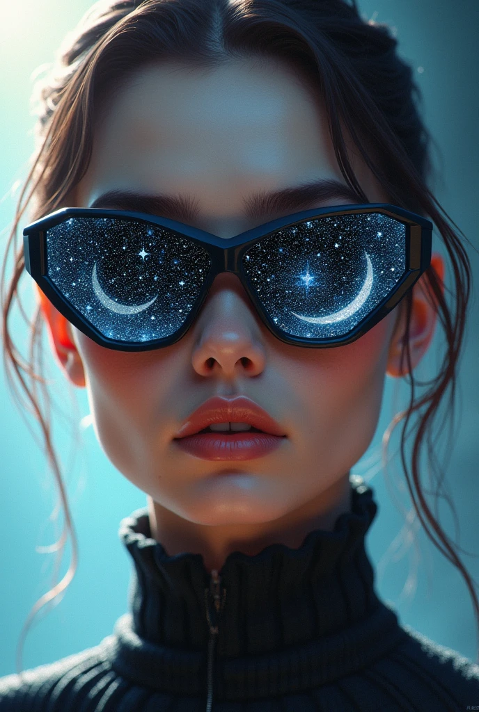 The model is wearing glass sunglasses，with stars and moon on the lenses