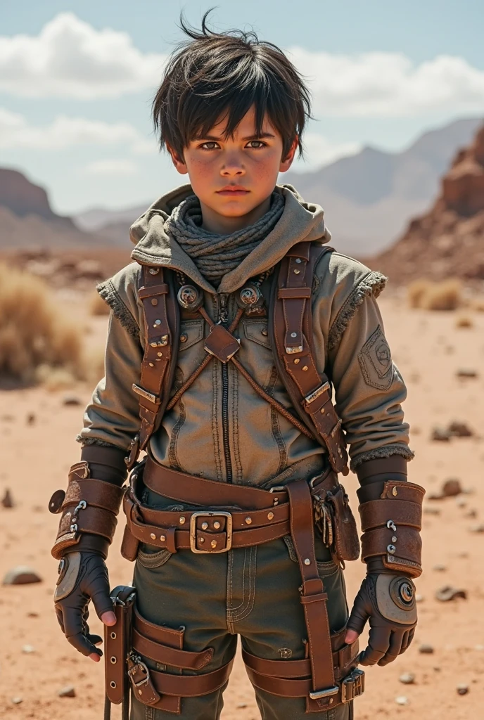 7 years old boy, blue eyes, black hair, in space, with barret weapon