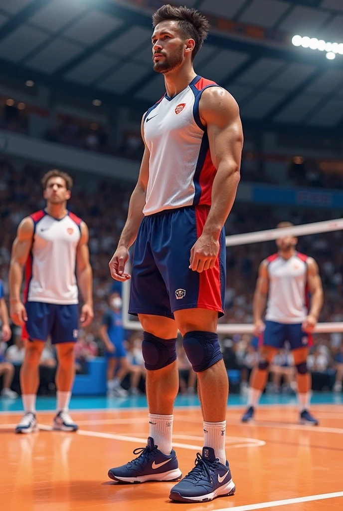Four very tall athletes in blue shorts and white tanks intimidating a very short slim man with grey jeans and gray shirt nicebulge, wrestling singlet.