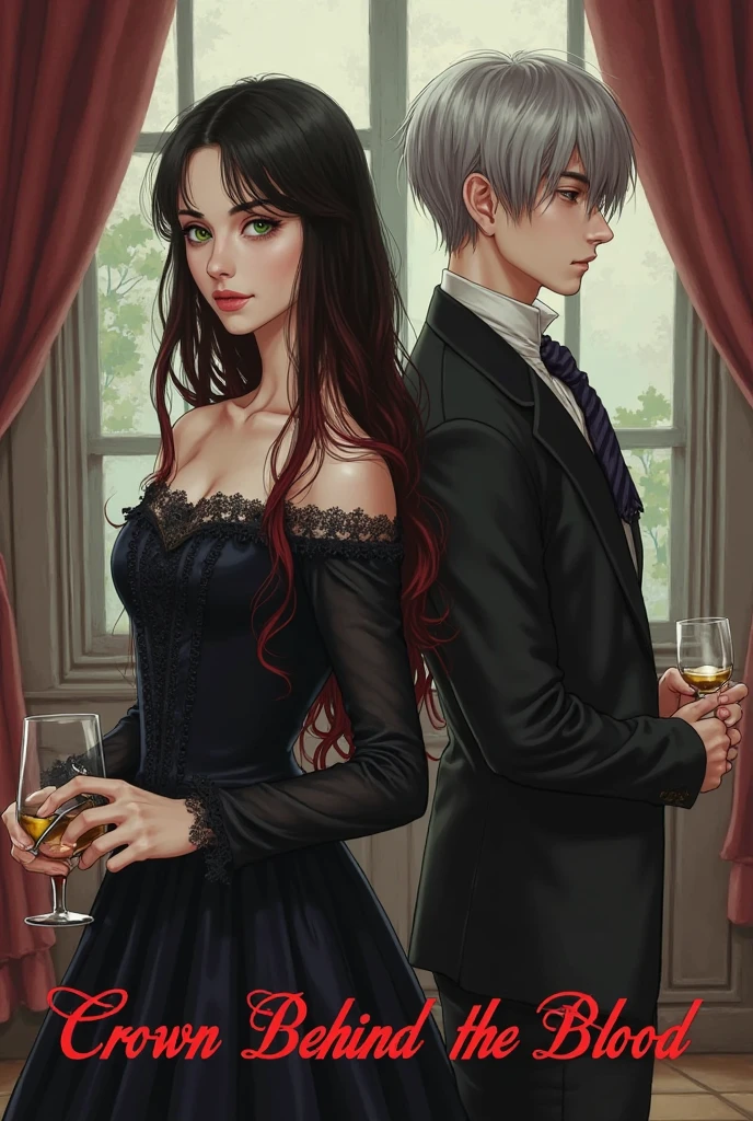 A digital realistic illustration shoot from a portrait camera angle featuring a man and a woman with long, wavy, dark blood red hair and light purple eyes, both dressed in dark clothing. the man, appearing around the age of 20, on the left, positioned in the middle of the image, with a serious expression on his face . He has dark brown hair, parted in the middle and slight strands fall on his face and emerald green eyes and is wearing a black shirt. on the right, the woman has long, blood red hair and its pulled back in two braids while the rest of her hair falls and purple eyes, wearing a black dress with a deep v cut neckline. she is positioned behind the man in the upper body, a dagger in her hand and it's placed on the man's throat, with her upper body facing the viewer. the background is a dimly lit room with candles, creating a romantic and dark atmosphere. giving enemies energy