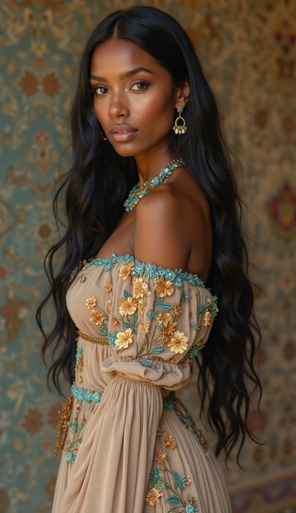 dark skin woman, orange eyes, Green and blue dress from the Victorian era, long black hair, pastel red lips, a ring on your finger, a gold necklace