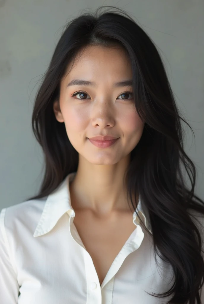 Create a woman taking an Instagram profile picture with a white blouse and long straight black hair 
