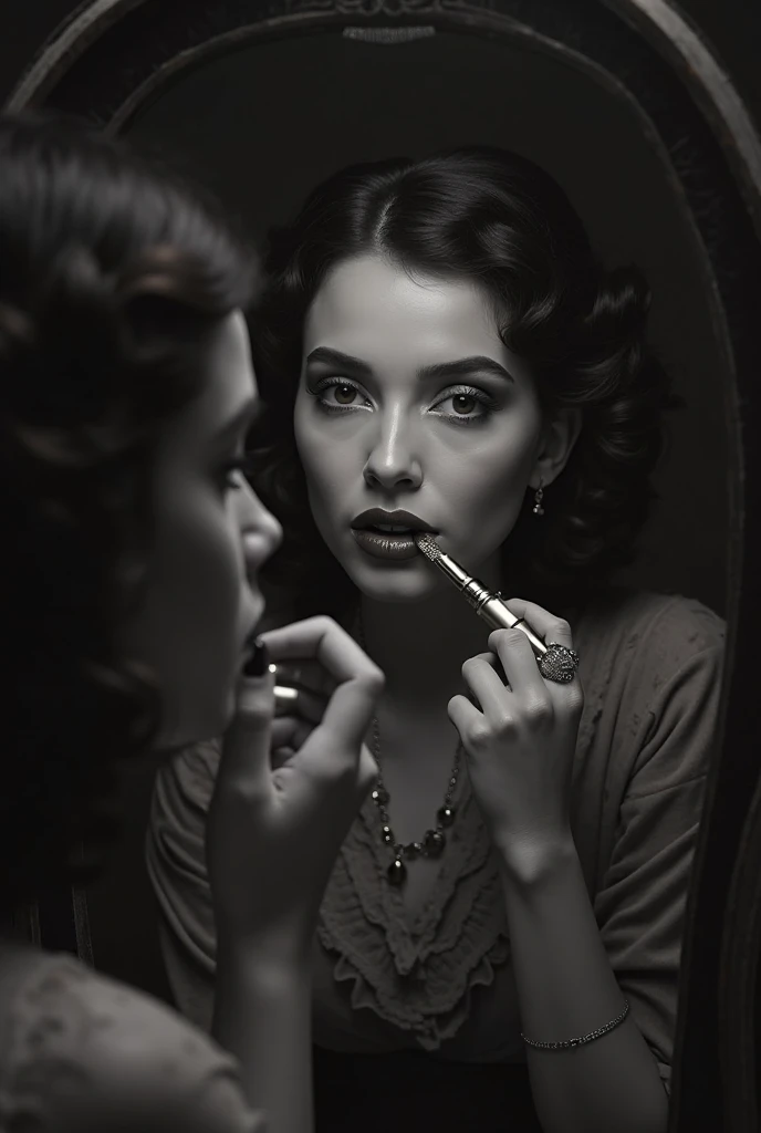 Masterpiece, photorealistic, 1930's Journalism photography, medium shot of a woman wearing black , looking at herself in the make up mirror, she is reflecting in the mirror, in the backstage of Can Can club