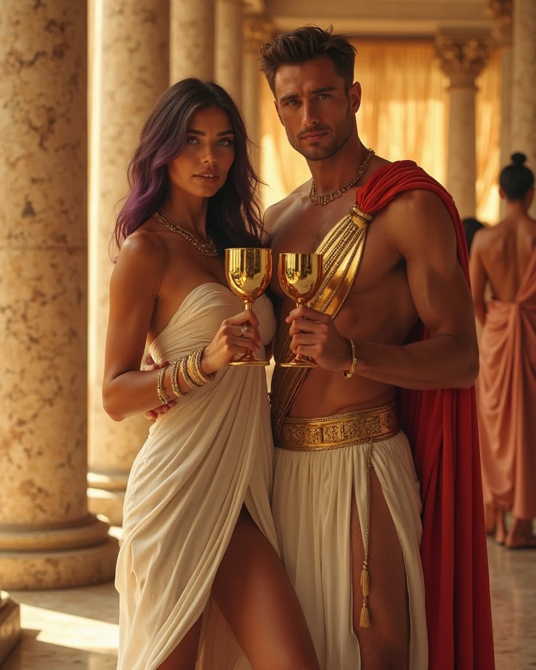 Three young greek gods are having a wild party, "The first is god of civilization and prophecy, With blond long hair and blue eyes, Is fair-skinned, Has light musclar body, Wears a white greek male toga, puts on a laurel wreath", "The second is god of drama and wine, With dark brown long hair and dark brown eyes, Is fair-skinned, Has a girl's face, Is skinny but tight, Wears a long loose greek male toga with leopard skin, Puts on a grape vine crown", "The third is god of commerce and communication, With brown hair and brown eyes, Is light musclar, Looks very cunning and quick, Smiles a cynical smile, Puts on a wide-brim hat, Wears a greek tunic", They are laughing at their silly joke, They are having a drinking party and making a fuss, Greek amphoras, Greek kraters, Greek kylix, Ancient greek palace, Greek Mythology, Lively atmosphere, Super high quality, Super accurate description of hands, HDR, Photorealistic, Super detail, Masterpiece, 8K, HDR