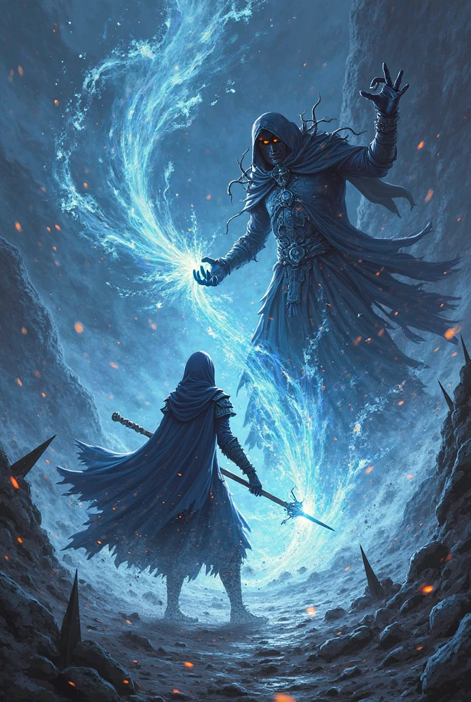 Anime style, epic battle between two mages, one controlling darkness ...