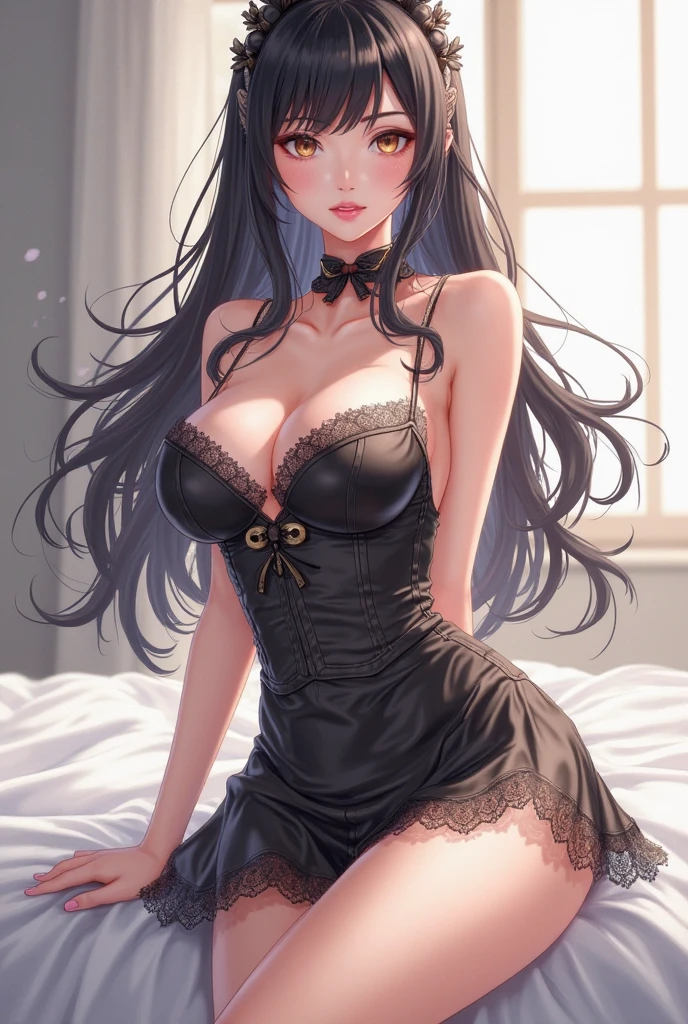 ((Masterpiece, best quality)), edgQuality,smug,smirk,
edgCoquine, a woman in a black sheer dress posing on a bed ,wearing edgCoquine
 <lora:edgCoquine_MINI:1>