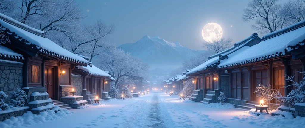Beautiful german woman posing,  , straight photoshoot pose, full body portrait, moonlit night, night time, winter, walking on forest path, detailed face, cute, big eyes, iconic, photorealistic, mountain temple, detailed background, small ,  thin saree, long wavy hair, symmetric face, masterpiece, 8k, ultra realistic