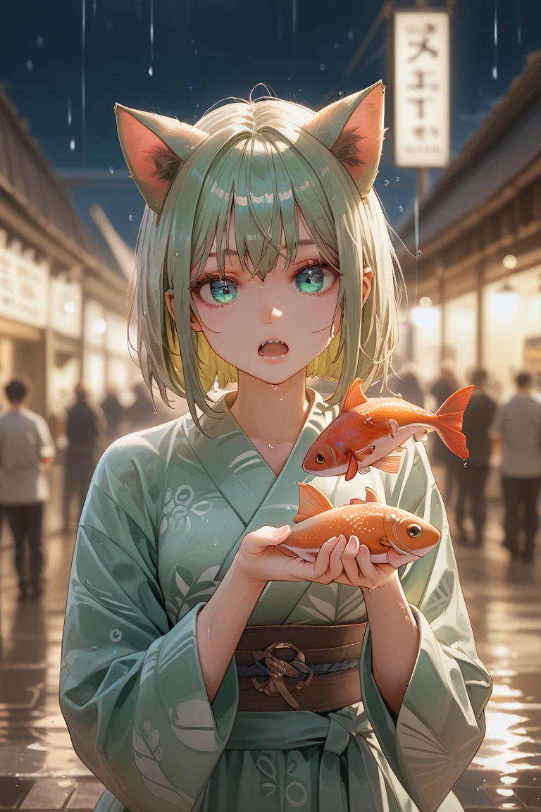 {{masterpiece, best quality, extremely detailed CG, unity 8k wallpaper}}, 20th century, Japan, Tokyo's downtown, girl, hold, cat, smiling, lovely face, blonde, short bob, medium-sized bust, slim waist, yukata with goldfish pattern, detailed eyes, blue eyes, double eyelids, long eyelashes, Demekin fish flying around, cinematic lighting,