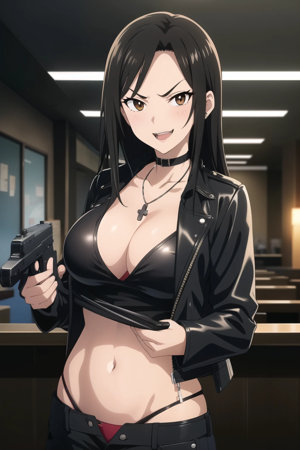 drmikoto, black hair, red eyes,mature female,lips, long hair, blush, lipstick, masterpiece, best quality, ((unbuttoned , cleavage, necklace, earrings, sexy body, breasts)) , micro skirt, smiling, navel , exposed belly, exposed navel,school,knot, classroom , holding a gun, hold a gun, navel piercing,