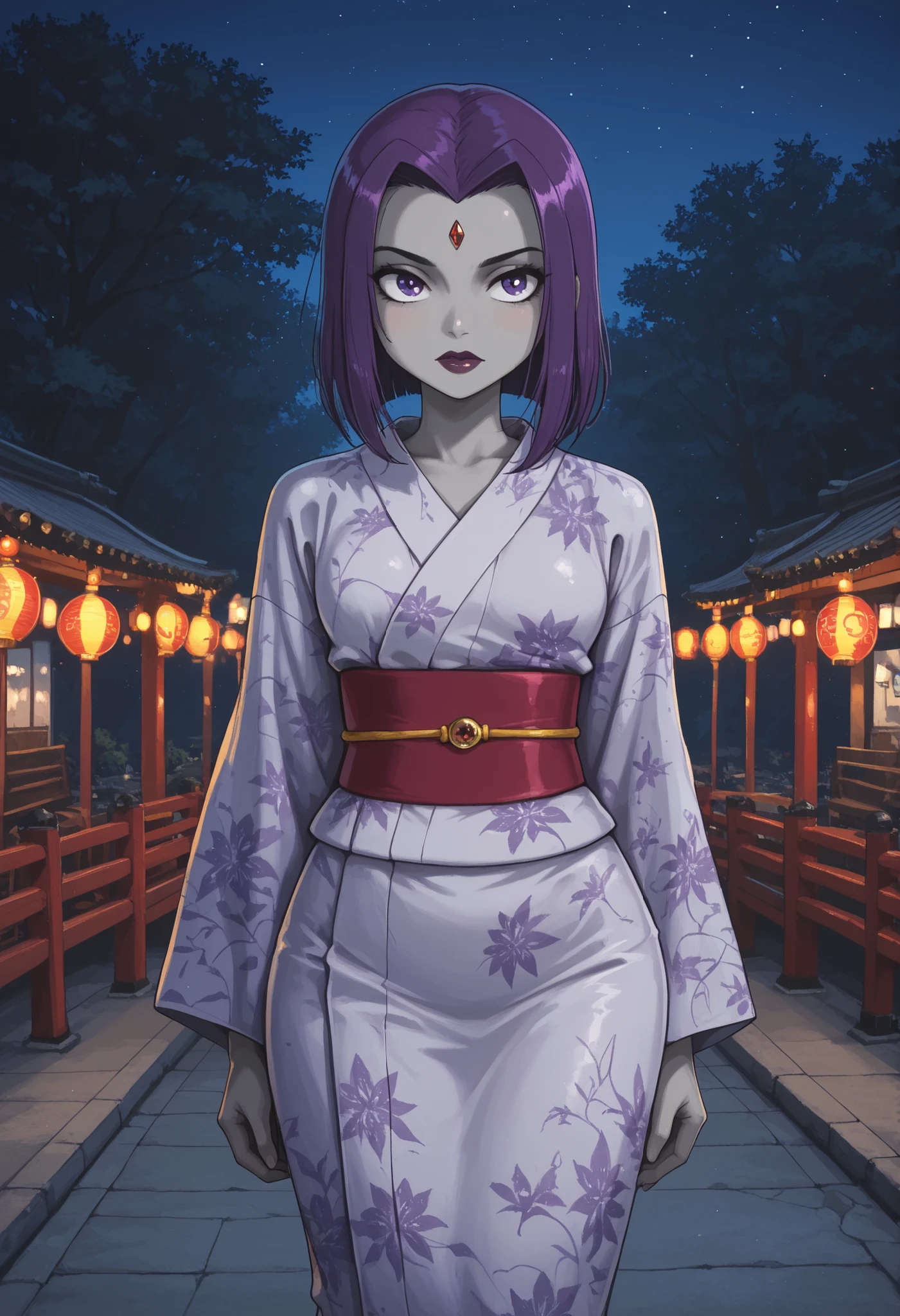 rachel roth, colored skin, grey skin, purple hair, medium hair, forehead jewel, purple eyes, small breast, huge hips, dark red lips.|  score_7_up, anime BREAK official art, feature large highlight, feature double highlights, shaped eyeblow, natsumatsuri, outdoors, multiple monstergirl, tree, multiple monstergirls, night, scenery, 6+monstergirl, festival, yukata, stalls, torii photo background, (masterpiece:1.3), best quality, high resolution, unity 8k wallpaper, extremely detailed CG, 8K, (watercolor \(medium\), muted color, sketch:1.1), perfect anatomy, highly finished, masterpiece, best quality, high quality, amazing quality, great quality, very aesthetic, ultra detailed, highres, absurdres, highly detailed, highly detailed background,
