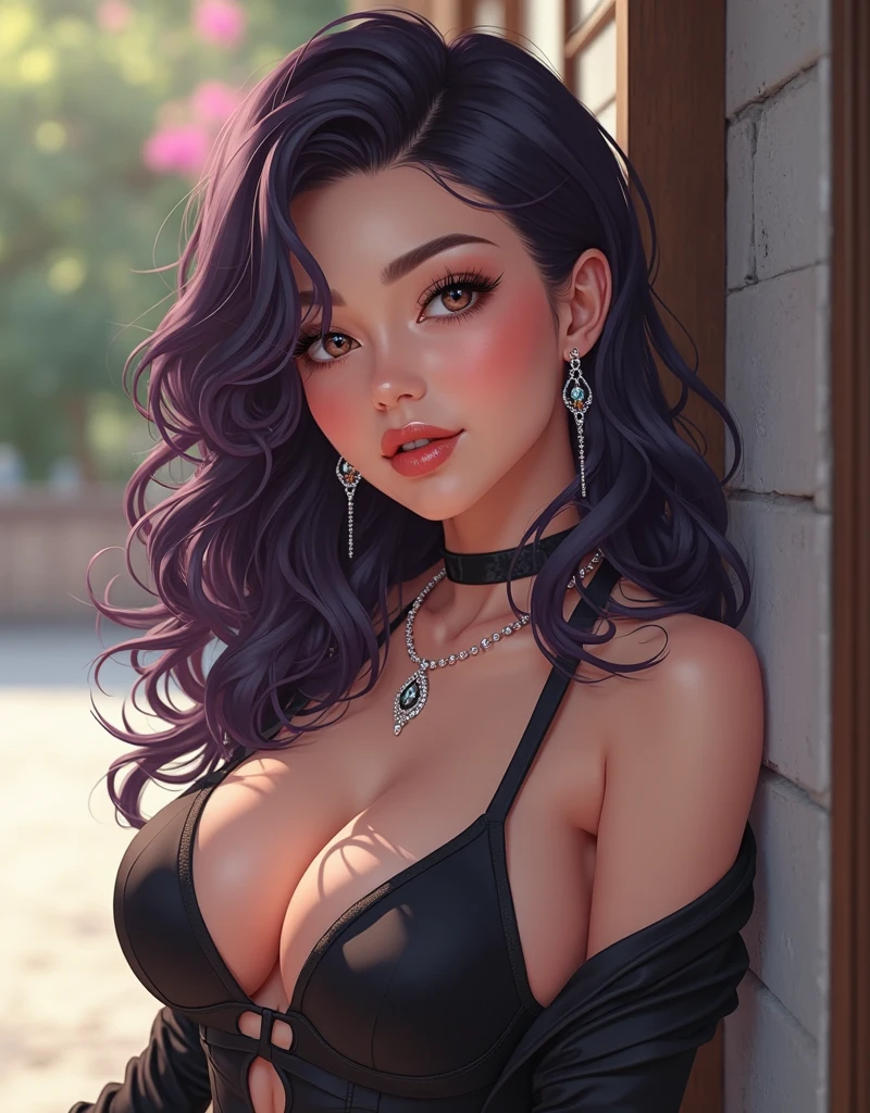(masterpiece), best quality, expressive eyes, Goddess woman, 35 years, colored inner hair, cowboy shot, bokeh, close-up, from above the mouth down, seductive look, black sleeveless shirt, erotic, white belt, red lips, saliva