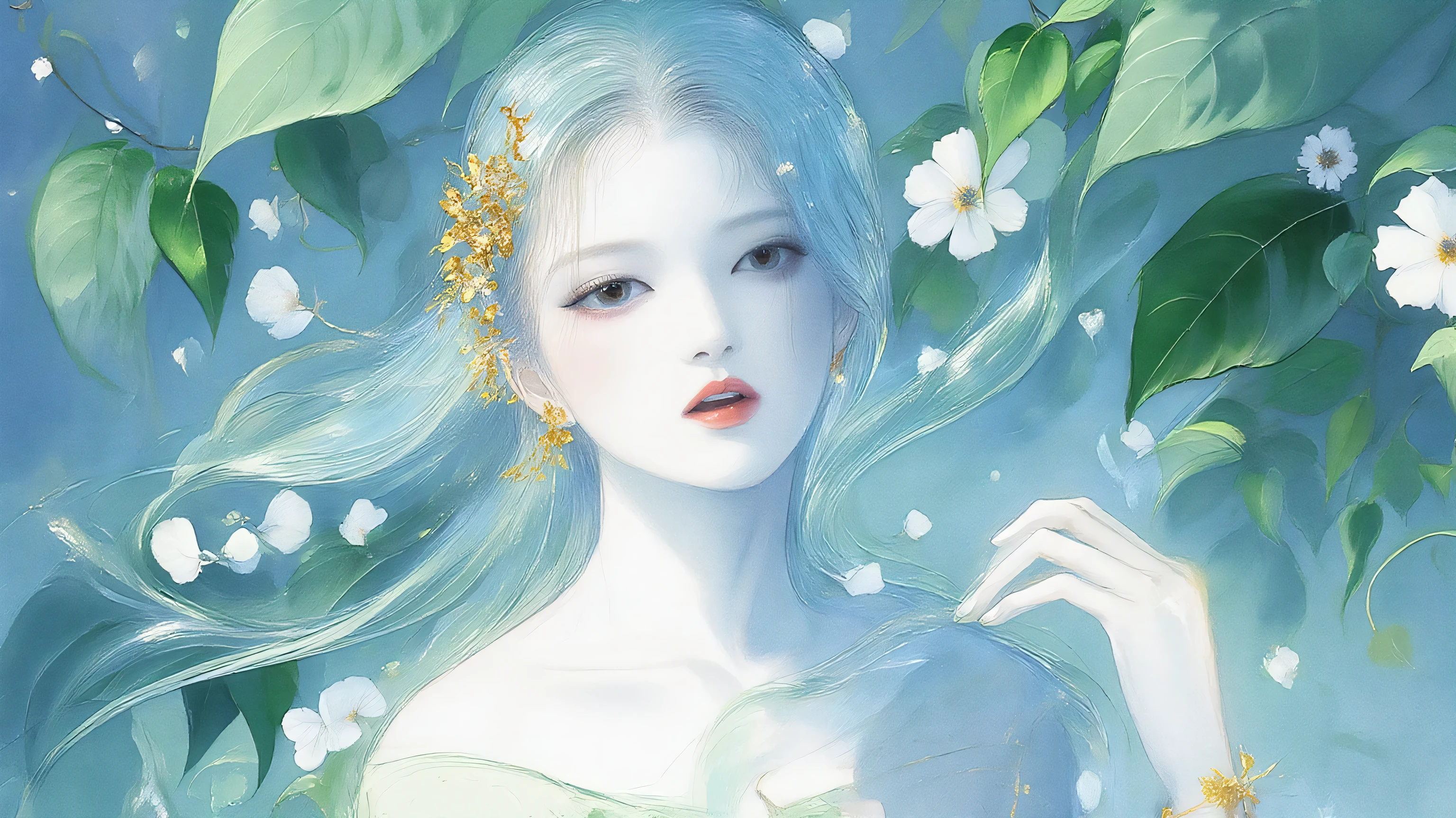 A woman singing into a microphone.work. A woman wearing a golden natural motif accessory、 flowing , digital art with quiet and mystical scenes。they look like waves and fog、gracefully on translucent green leaves I'm leaning back. the leaves mix with delicate white petals、to the beautifully vivid and vividly drawn. the overall color is soft、Calming, Blue and white shades dominate, Inspires peace and serenity. but、The lines in the painting are extremely delicate、shine mysteriously.the woman's posture and gentle flow of leaves、suggest movement and grace, creating a harmonious, dreamy atmosphere.The colors and fine lines、shines amazingly. add elegance and serenity.