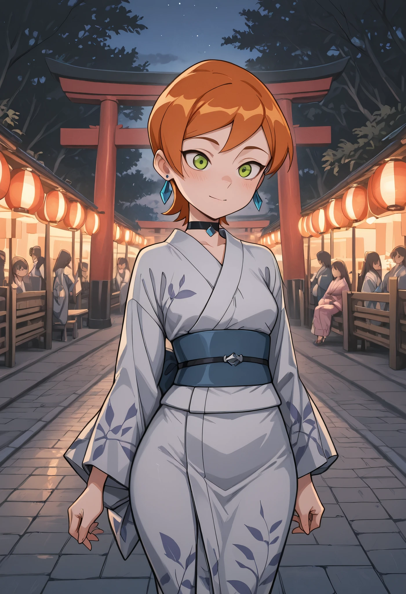 Gwen Tennyson . ginger . short hair . green eyes . small breasts, huge hips . slim body . choker . | score_7_up, anime BREAK official art, feature large highlight, feature double highlights, shaped eyeblow, natsumatsuri, outdoors, multiple monstergirl, tree, multiple monstergirls, night, scenery, 6+monstergirl, festival, yukata, stalls, torii photo background, (masterpiece:1.3), best quality, high resolution, unity 8k wallpaper, extremely detailed CG, 8K, (watercolor \(medium\), muted color, sketch:1.1), perfect anatomy, highly finished, masterpiece, best quality, high quality, amazing quality, great quality, very aesthetic, ultra detailed, highres, absurdres, highly detailed, highly detailed background,