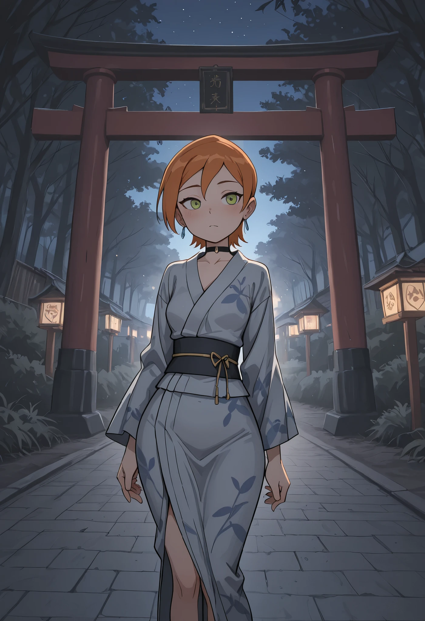 Gwen Tennyson . ginger . short hair . green eyes . small breasts, huge hips . slim body . choker . | score_7_up, anime BREAK official art, feature large highlight, feature double highlights, shaped eyeblow, natsumatsuri, outdoors, multiple monstergirl, tree, multiple monstergirls, night, scenery, 6+monstergirl, festival, yukata, stalls, torii photo background, (masterpiece:1.3), best quality, high resolution, unity 8k wallpaper, extremely detailed CG, 8K, (watercolor \(medium\), muted color, sketch:1.1), perfect anatomy, highly finished, masterpiece, best quality, high quality, amazing quality, great quality, very aesthetic, ultra detailed, highres, absurdres, highly detailed, highly detailed background,