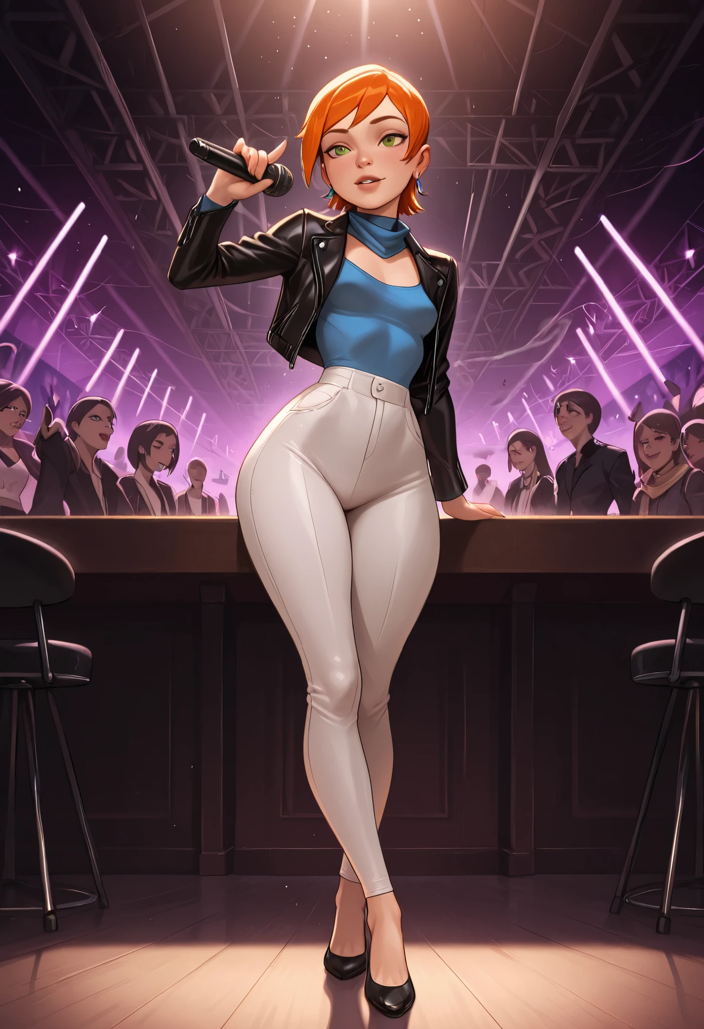 Gwen Tennyson . ginger . short hair . green eyes . small breasts, huge hips . slim body . choker . | (medium full shot) of (edgy pop singer) woman,wearing a leather jacket, wide-leg trousers with sleek design, ballet flats, smoky eye shadow, holding a microphone with rhinestones, silk scarf, set in a vibrant concert stage, with dynamic lighting, energetic audience, sleek microphones, stylish props, modern decor, at night, Masterpiece,best quality, photo, realistic, very aesthetic, detailed face, a singer in a bar, a bar, a stage, tobacco smoke, dim light, neon beams