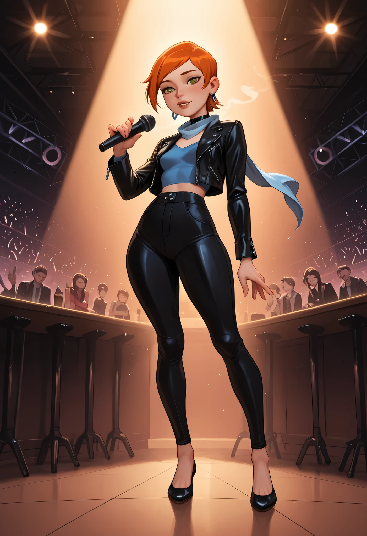 Gwen Tennyson . ginger . short hair . green eyes . small breasts, huge hips . slim body . choker . | (medium full shot) of (edgy pop singer) woman,wearing a leather jacket, wide-leg trousers with sleek design, ballet flats, smoky eye shadow, holding a microphone with rhinestones, silk scarf, set in a vibrant concert stage, with dynamic lighting, energetic audience, sleek microphones, stylish props, modern decor, at night, Masterpiece,best quality, photo, realistic, very aesthetic, detailed face, a singer in a bar, a bar, a stage, tobacco smoke, dim light, neon beams