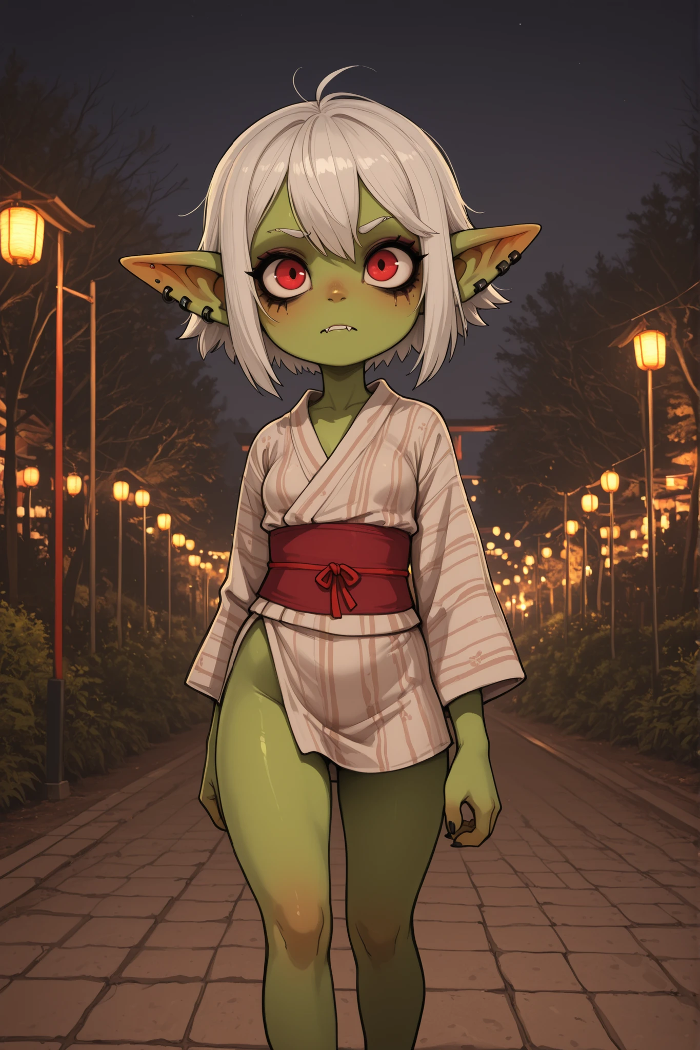female punk, white hair, short hair, red eye , facial piercings, eye makeup, flat , meduim , (goblin girl:1.0) (shortstack:1.0) (green skin:1.0) score_7_up, anime BREAK official art, feature large highlight, feature double highlights, shaped eyeblow, natsumatsuri, outdoors, multiple monstergirl, tree, multiple monstergirls, night, scenery, 6+monstergirl, festival, yukata, stalls, torii photo background, (masterpiece:1.3), best quality, high resolution, unity 8k wallpaper, extremely detailed CG, 8K, (watercolor \(medium\), muted color, sketch:1.1), perfect , highly finished, masterpiece, best quality, high quality, amazing quality, great quality, very aesthetic, ultra detailed, highres, absurdres, highly detailed, highly detailed background,