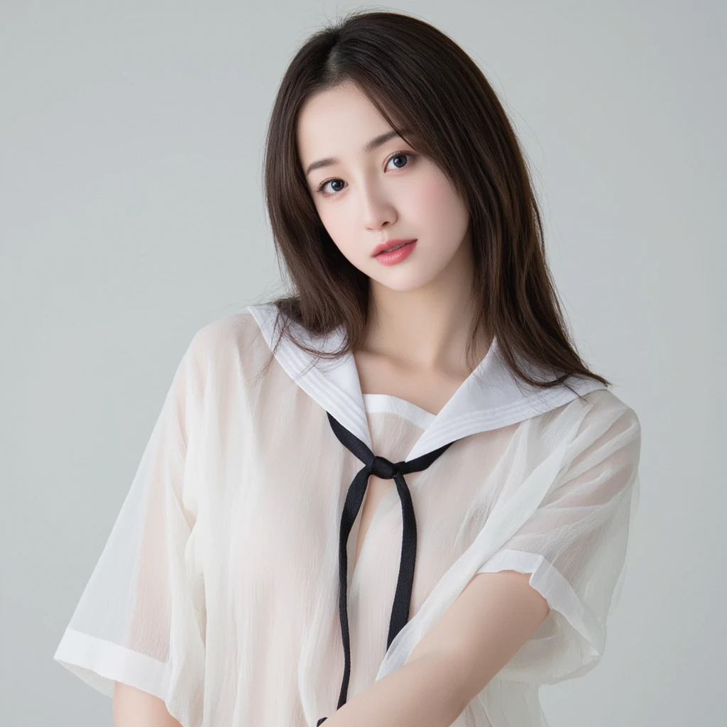 Ulzzang -6500-v1.1, (raw image:1.2), (Virtual image), Beautiful girl with details, ดวงตาและใบหน้าที่very detailed, Beautifully detailed eyes, large file size, high resolution, very detailed, Highest quality, [Masterpiece:1.6], Enlightenment, very detailed, exquisite details, Highest quality, 8k wallpaper, movie light, (:1.3),white seraph,sailor suit, white theme,, sailor suit, look at viewer,  Crazy, long messy hair, cute drooping eyes、I shine,Dramatic angle,blue sailor collar,  ,Light Smile, Ultra-realistic skin texture、Oily skin、 thighs!!! Some underwater pictures...