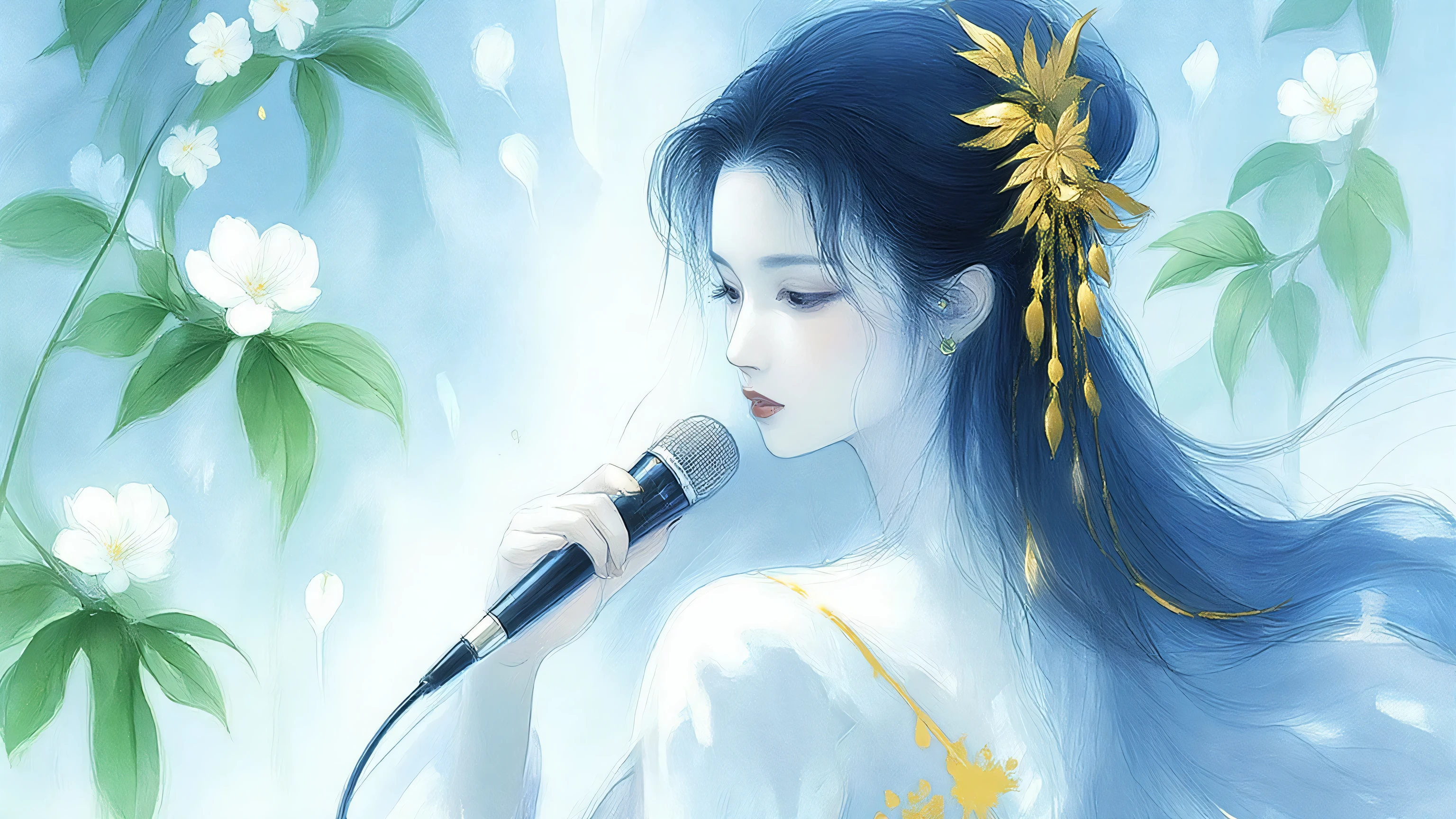 A woman singing into a microphone.work. A woman wearing a golden natural motif accessory、 flowing , digital art with quiet and mystical scenes。they look like waves and fog、gracefully on translucent green leaves I'm leaning back. the leaves mix with delicate white petals、to the beautifully vivid and vividly drawn. the overall color is soft、Calming, Blue and white shades dominate, Inspires peace and serenity. but、The lines in the painting are extremely delicate、shine mysteriously.the woman's posture and gentle flow of leaves、suggest movement and grace, creating a harmonious, dreamy atmosphere.The colors and fine lines、shines amazingly. add elegance and serenity.