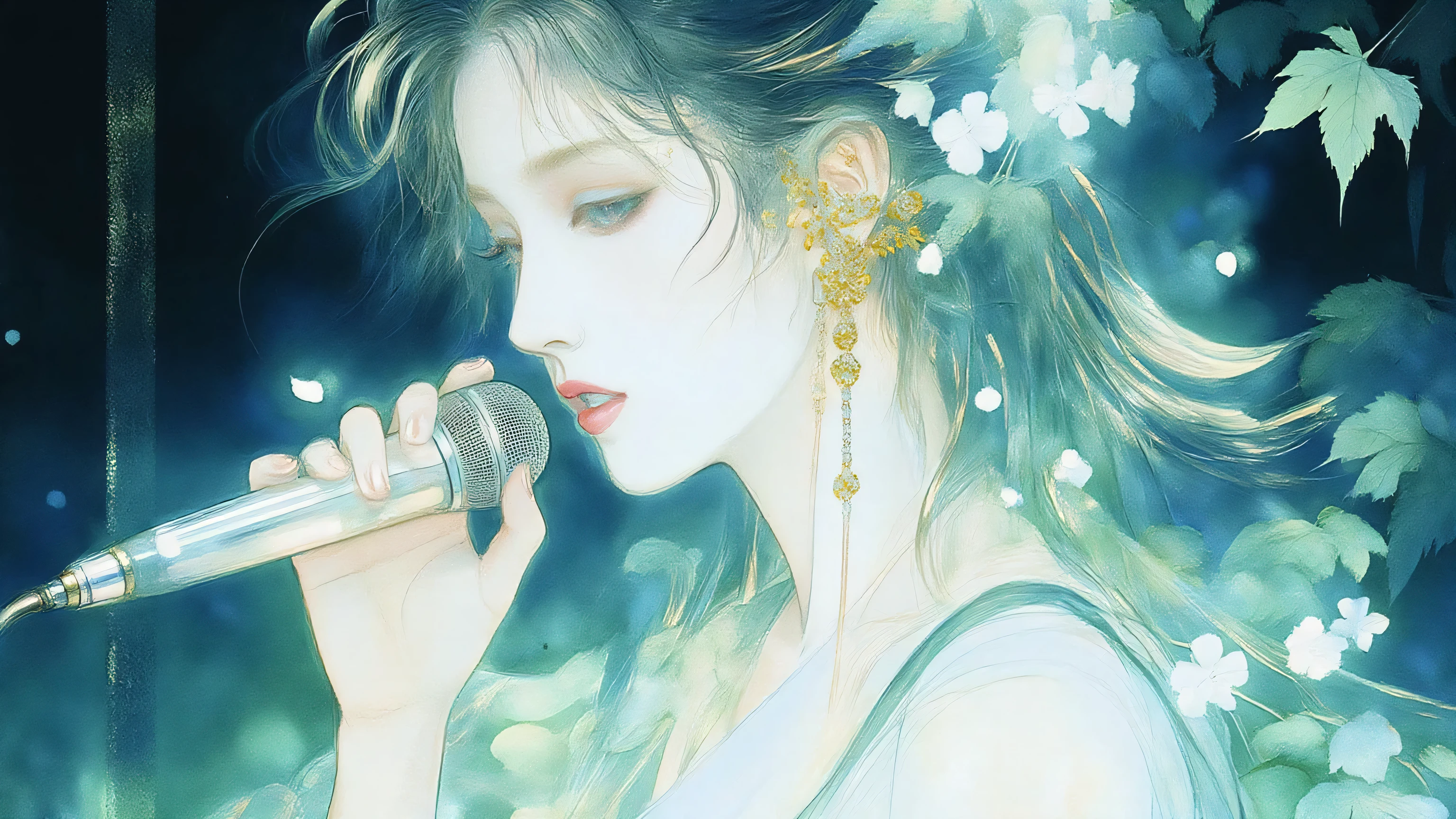 A woman singing into a microphone.work. A woman wearing a golden natural motif accessory、 flowing , digital art with quiet and mystical scenes。they look like waves and fog、gracefully on translucent green leaves I'm leaning back. the leaves mix with delicate white petals、to the beautifully vivid and vividly drawn. the overall color is soft、Calming, Blue and white shades dominate, Inspires peace and serenity. but、The lines in the painting are extremely delicate、shine mysteriously.the woman's posture and gentle flow of leaves、suggest movement and grace, creating a harmonious, dreamy atmosphere.The colors and fine lines、shines amazingly. add elegance and serenity.