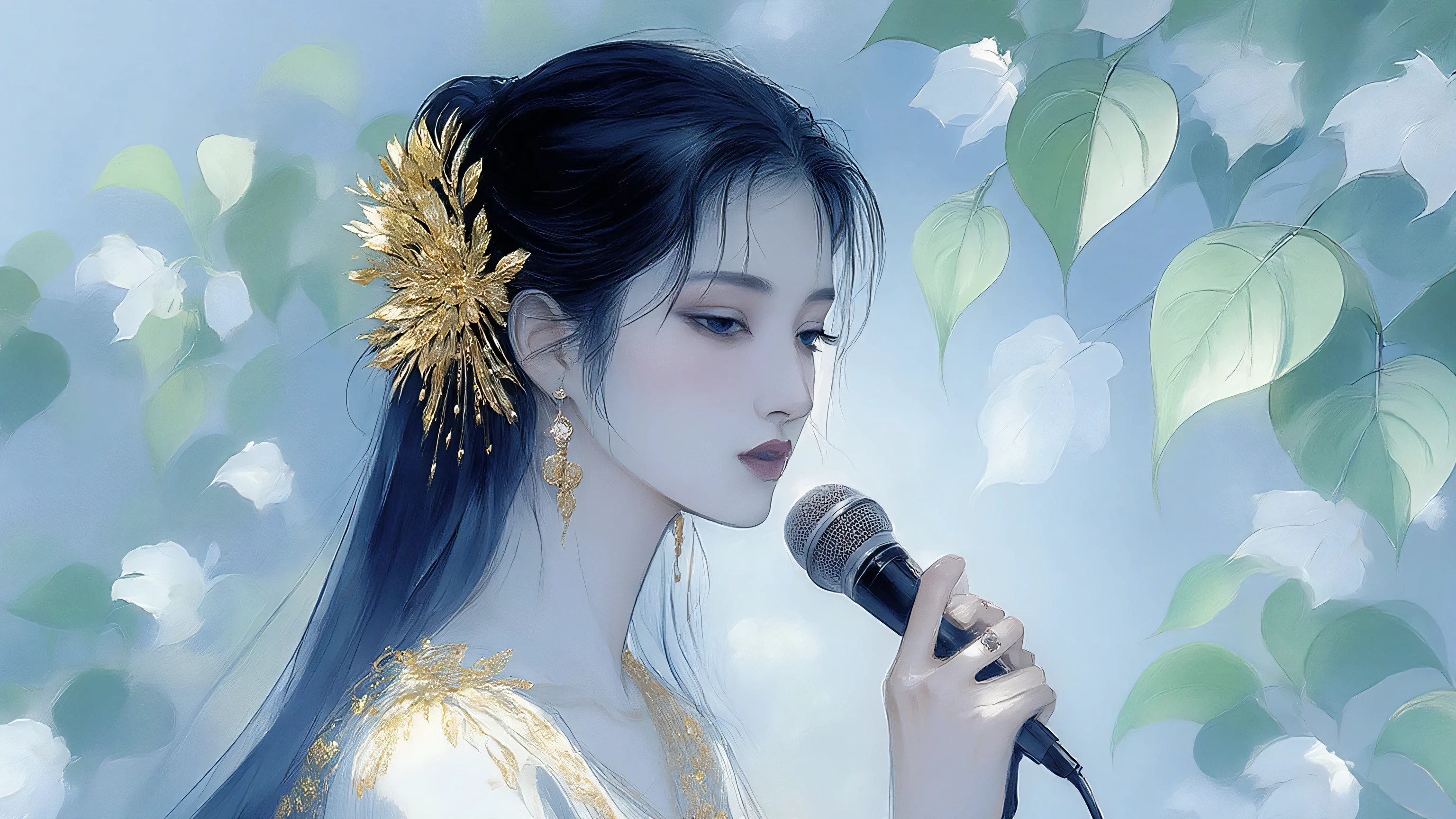 A woman singing into a microphone.work. A woman wearing a golden natural motif accessory、 flowing , digital art with quiet and mystical scenes。they look like waves and fog、gracefully on translucent green leaves I'm leaning back. the leaves mix with delicate white petals、to the beautifully vivid and vividly drawn. the overall color is soft、Calming, Blue and white shades dominate, Inspires peace and serenity. but、The lines in the painting are extremely delicate、shine mysteriously.the woman's posture and gentle flow of leaves、suggest movement and grace, creating a harmonious, dreamy atmosphere.The colors and fine lines、shines amazingly. add elegance and serenity.
