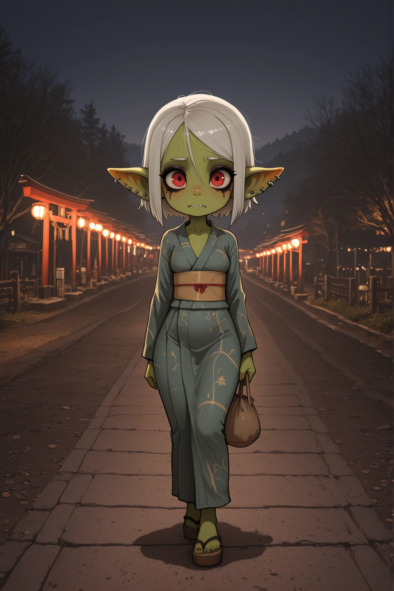 female punk, white hair, short hair, red eye , facial piercings, eye makeup, flat , meduim , (goblin girl:1.0) (shortstack:1.0) (green skin:1.0) score_7_up, anime BREAK official art, feature large highlight, feature double highlights, shaped eyeblow, natsumatsuri, outdoors, multiple monstergirl, tree, multiple monstergirls, night, scenery, 6+monstergirl, festival, yukata, stalls, torii photo background, (masterpiece:1.3), best quality, high resolution, unity 8k wallpaper, extremely detailed CG, 8K, (watercolor \(medium\), muted color, sketch:1.1), perfect , highly finished, masterpiece, best quality, high quality, amazing quality, great quality, very aesthetic, ultra detailed, highres, absurdres, highly detailed, highly detailed background,