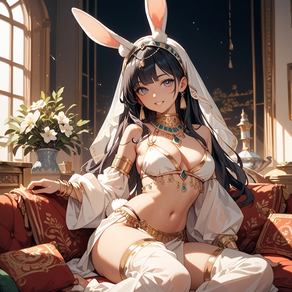 masterpiece, best quality, novel illustration, highres, 18+ content warning, spicey romance, furry rabbit girl, exotic oriental costumes, Arabian Nights inspiration, colorful lamps, eroticism, intricate patterns, arabesque designs