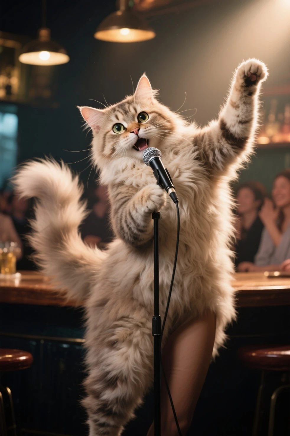 singing cat on stage holding a microphone, the girls in audience go crazy and scream and cry