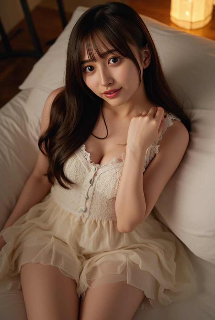 ((highest quality, masterpiece :1.3)), Photorealistic、Ultra-high resolution、Natural skin texture、Hyperrealism、Reflection from the waist up、Beautiful Japanese girl in her early teens、One girl、Nightgowns with transparent skin、Lying in bed、Frightened expression、Tears flowing