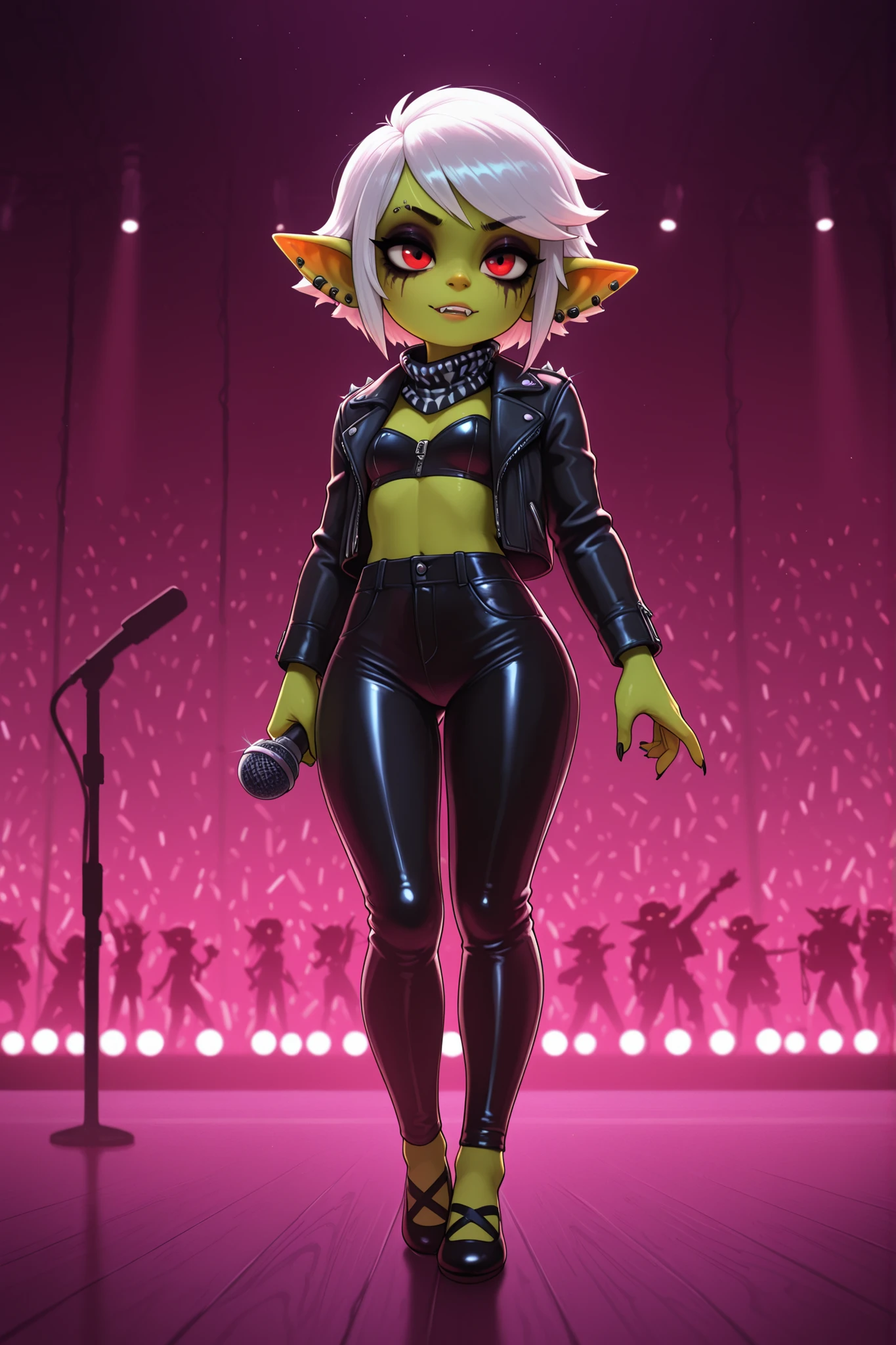 female punk, white hair, short hair, red eye , facial piercings, eye makeup, flat , meduim , (goblin girl:1.0) (shortstack:1.0) (green skin:1.0) (medium full shot) of (edgy pop singer) woman,wearing a leather jacket, wide-leg trousers with sleek design, ballet flats, smoky eye shadow, holding a microphone with rhinestones, silk scarf, set in a vibrant concert stage, with dynamic lighting, energetic audience, sleek microphones, stylish props, modern decor, at night, Masterpiece,best quality, photo, realistic, very aesthetic, detailed face, a singer in a bar, a bar, a stage, tobacco smoke, dim light, neon beams