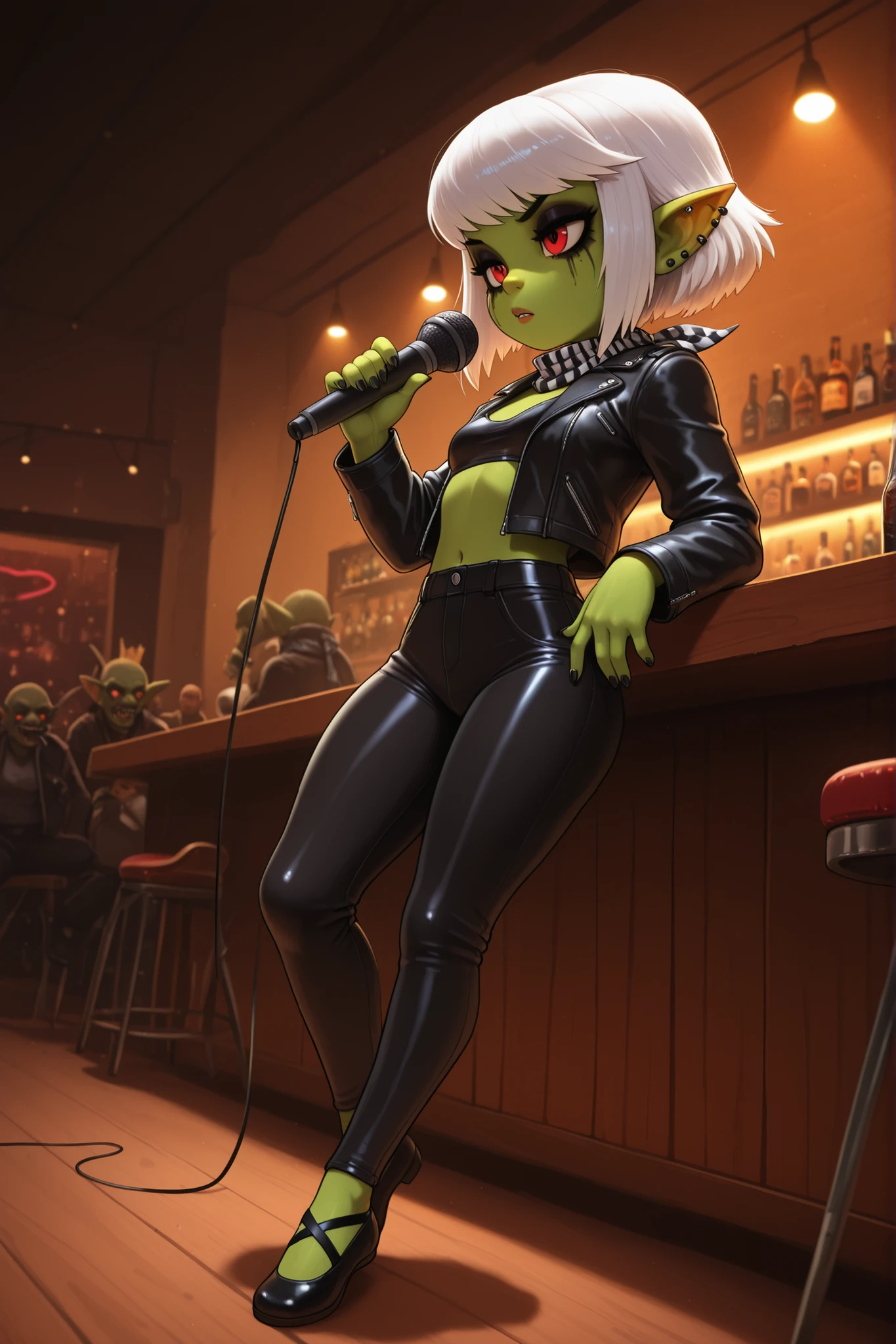 female punk, white hair, short hair, red eye , facial piercings, eye makeup, flat , meduim , (goblin girl:1.0) (shortstack:1.0) (green skin:1.0) (medium full shot) of (edgy pop singer) woman,wearing a leather jacket, wide-leg trousers with sleek design, ballet flats, smoky eye shadow, holding a microphone with rhinestones, silk scarf, set in a vibrant concert stage, with dynamic lighting, energetic audience, sleek microphones, stylish props, modern decor, at night, Masterpiece,best quality, photo, realistic, very aesthetic, detailed face, a singer in a bar, a bar, a stage, tobacco smoke, dim light, neon beams